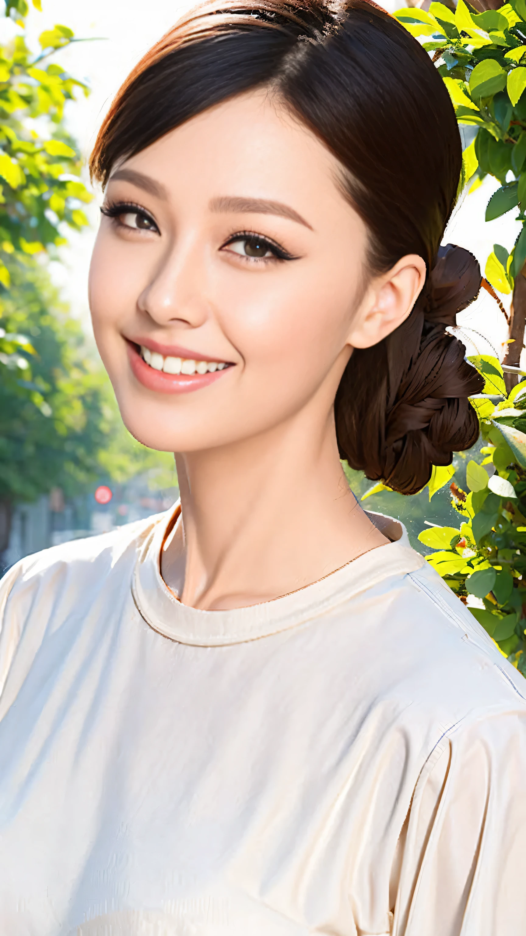 Fashion model 20 years old [[[[close up]]]], [[[[neck]]]], [[[[Shoulder]]]], perfect eyes, perfect iris，perfect lips，perfect teeth，perfect skin，White skin，Soft headlight，High density imaging review，long black hair，（Face is clear and delicate），White casual wear，The background is outdoor，green trees and grass，best quality，masterpiece，（pastel colors：1.2）