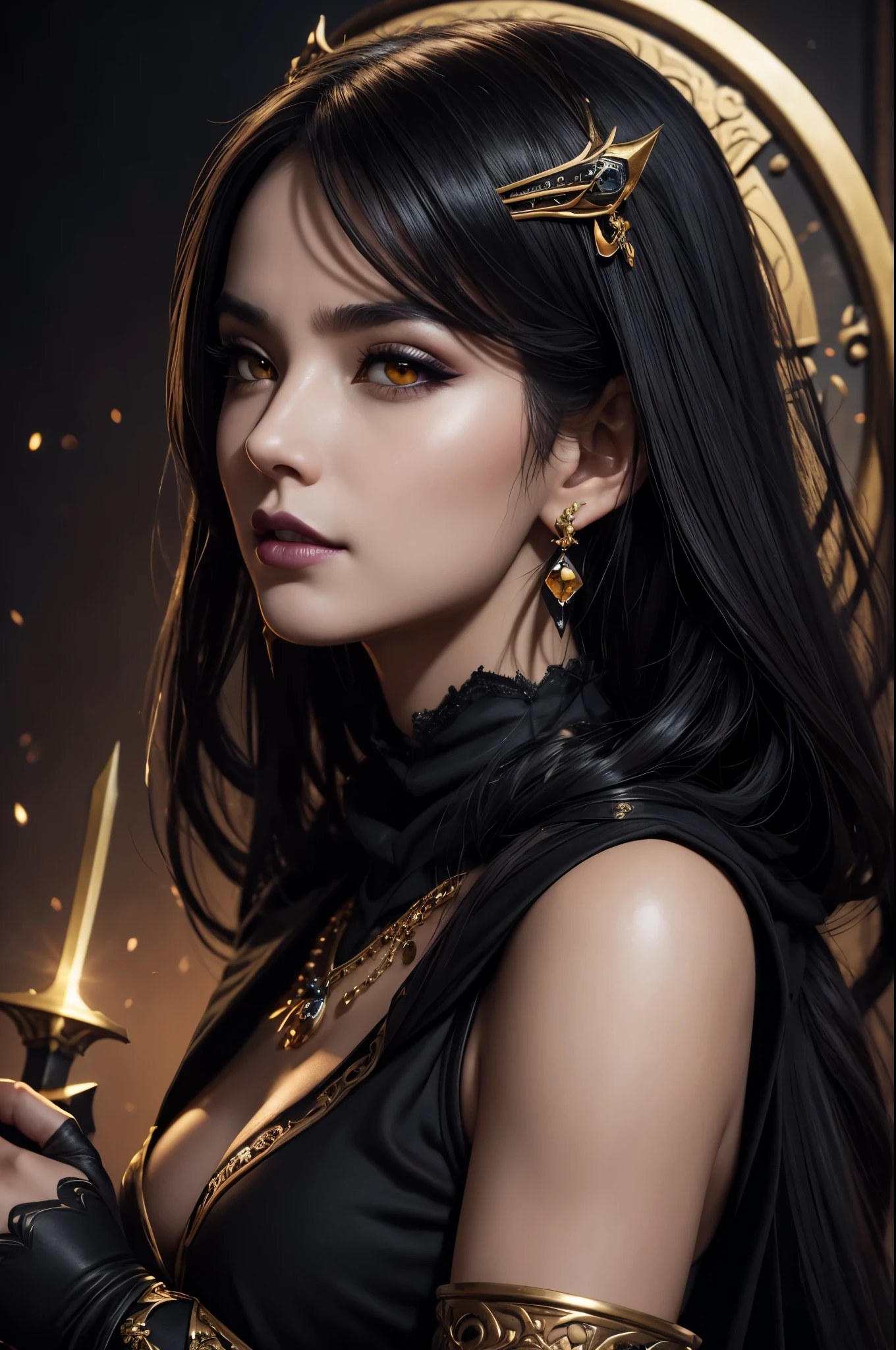 8K,very small breasts,long black hair,Close-up of a woman wearing a black evil god costume holding a one-handed sword, beautiful fantasy empress, ((beautiful fantasy empress)), small breasted , very high detail, extremely detailed , up to the model | types of bacteria, trending on cgstation, Chenwei Pan On Art Station, luxurious black cloak,Super high resolution,super realistic skin,beautiful expression,fantasy art,laughter(Like the real thing),small breasted ,straight hair,golden eyes,black gemstone earrings,black gemstone necklace,luxury black gauntlets,black lipstick,black eyeshadow,evil god makeup,battle scene,action scene,fighting pose,masterpiece,Photorealistic RAW photos of the highest quality。bright colors,rich colors, Backlight, cinematic lighting, film grain, 50mm lens, Nikon D850,beautiful expression,fantasy art,character art,look at the viewer,sexy,