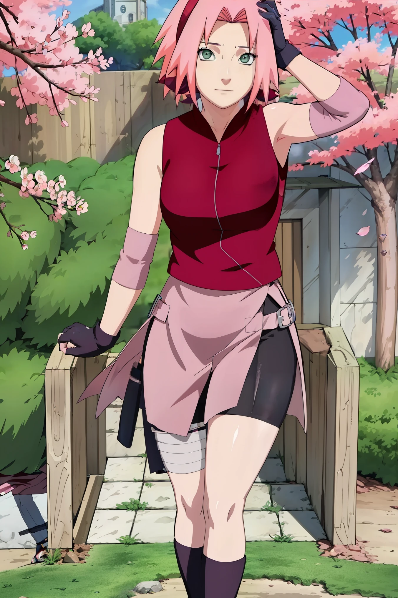 High-quality, ultra-detailed, realistic artwork of a scene from "Sakura Shippuden" with vivid colors, perfect for 4K or 8K resolutions. The scene depicts Sakura Haruno, a young woman, standing gracefully in a garden surrounded by blooming sakura (cherry blossom) trees. She is wearing a red jacket embroidered with the symbol of Konohagakure, the Hidden Leaf Village. Her leg is bandaged, indicating a recent injury. Sakura is wearing a short skirt and toeless footwear, emphasizing her femininity and agility.

Sakura has shoulder-length bangs that softly frame her face, revealing her beautiful, green eyes. Her face is adorned with a forehead protector, which bears the Konohagakure symbol, signifying her allegiance to her village. The artwork showcases Sakura's attention to detail, including her long eyelashes, detailed lips, and delicate features, capturing her determination and inner strength.

The lighting in the scene is soft and warm, casting a gentle glow on the petals of the sakura blossoms. The vibrant colors of the cherry blossoms contrast against Sakura's black short sleeves and gloves, adding depth to the composition. The overall color scheme leans towards pastel tones, enhancing the serene and tranquil atmosphere of the garden.

This masterpiece artwork aims to capture the essence of Sakura Haruno's character, portraying her as a confident, skilled kunoichi amidst the delicate beauty of the sakura garden. The attention to detail, vibrant colors, and realistic rendering will bring this scene to life, evoking the spirit of "Sakura Shippuden" in a visually stunning manner.