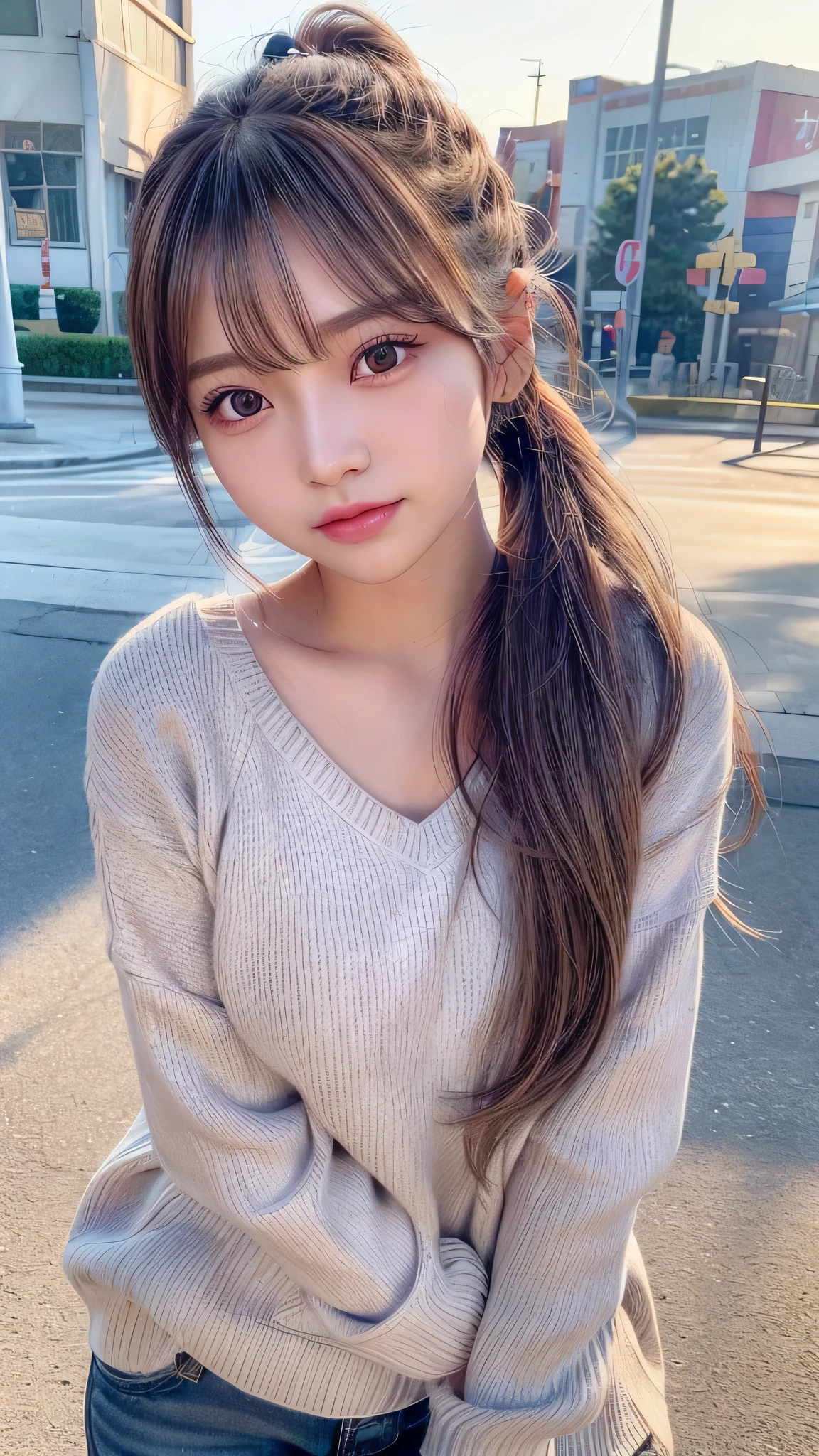 blush,,small breasts,winter,long hair ponytail,winter,wearing a white long-sleeved knit sweater,wearing jeans,enjoying the date,amusement park,close up of face,((8K, Raw photo, best quality, muste piece:1.2), (Reality, photorealistic:1.4), (Highly detailed 8K wallpaper), Depth of bounds written, cinematic lighting, soft light, detailed beauty eye,Shiny and smooth light brown ponytail, asymmetrical bangs, shiny skin, super detailed skin ,high resolution, high detail, detailed hairstyle, detailed beauty face, hyper real, perfect limbs, perfect anatomy ,1 Japanese girl,famous japanese idol, perfect female body,shy smile,short eyelashes,double-edged eyelids,look straight here,Hair style is ponytail,