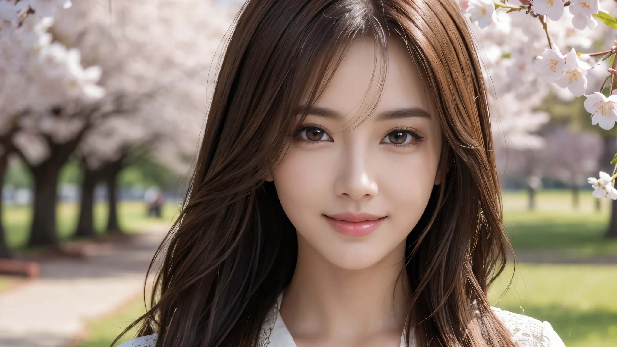 masterpiece, Best Quality, Photorealistic, Ultra-detailed, finely detailed, High resolution, 8K Wallpaper, 1 beautiful woman, light brown messy hair, foco nítido, Perfect dynamic composition, Beautiful detailed eyes, detailed hairs, Detailed realistic skin texture, Smiling, Close-up portrait, Model body type, Take a walk in the park with cherry blossoms,