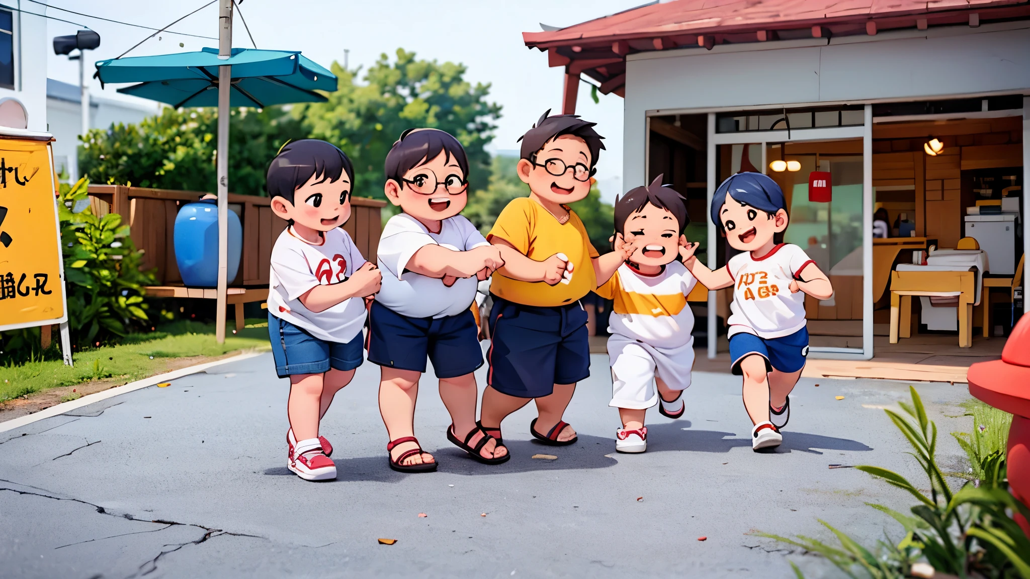 Fair skin、Glasses、Are fat、boy、cute、8-year-old、fine、Three people、playing、short sleeve、Shorts