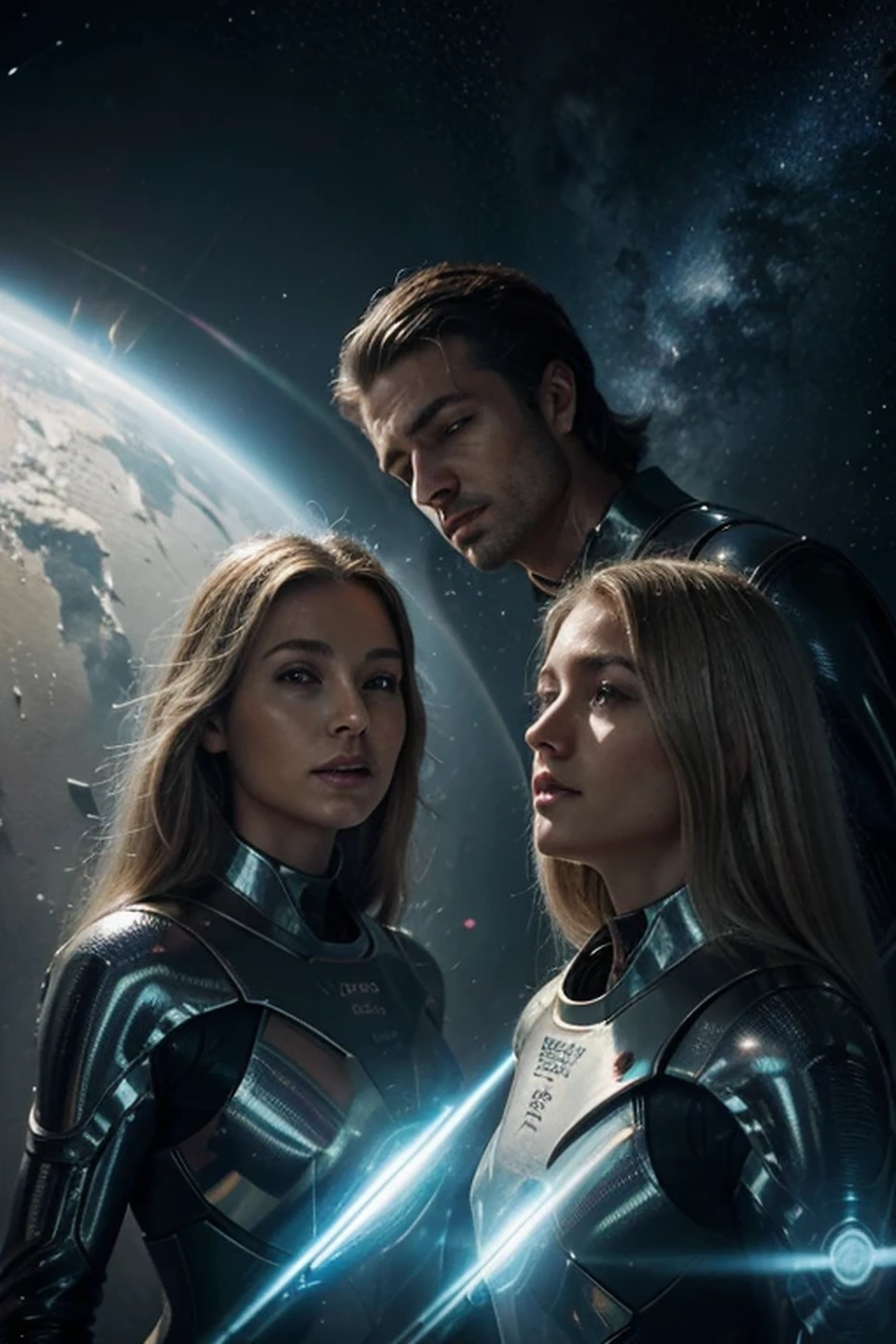 (obra de arte, melhor qualidade), Gere uma imagem realista de seres extraterrestres de aspecto humano, cabelos longos e loiros, wearing futuristic and metallic spacesuits, universo e discos voadores ao fundo.