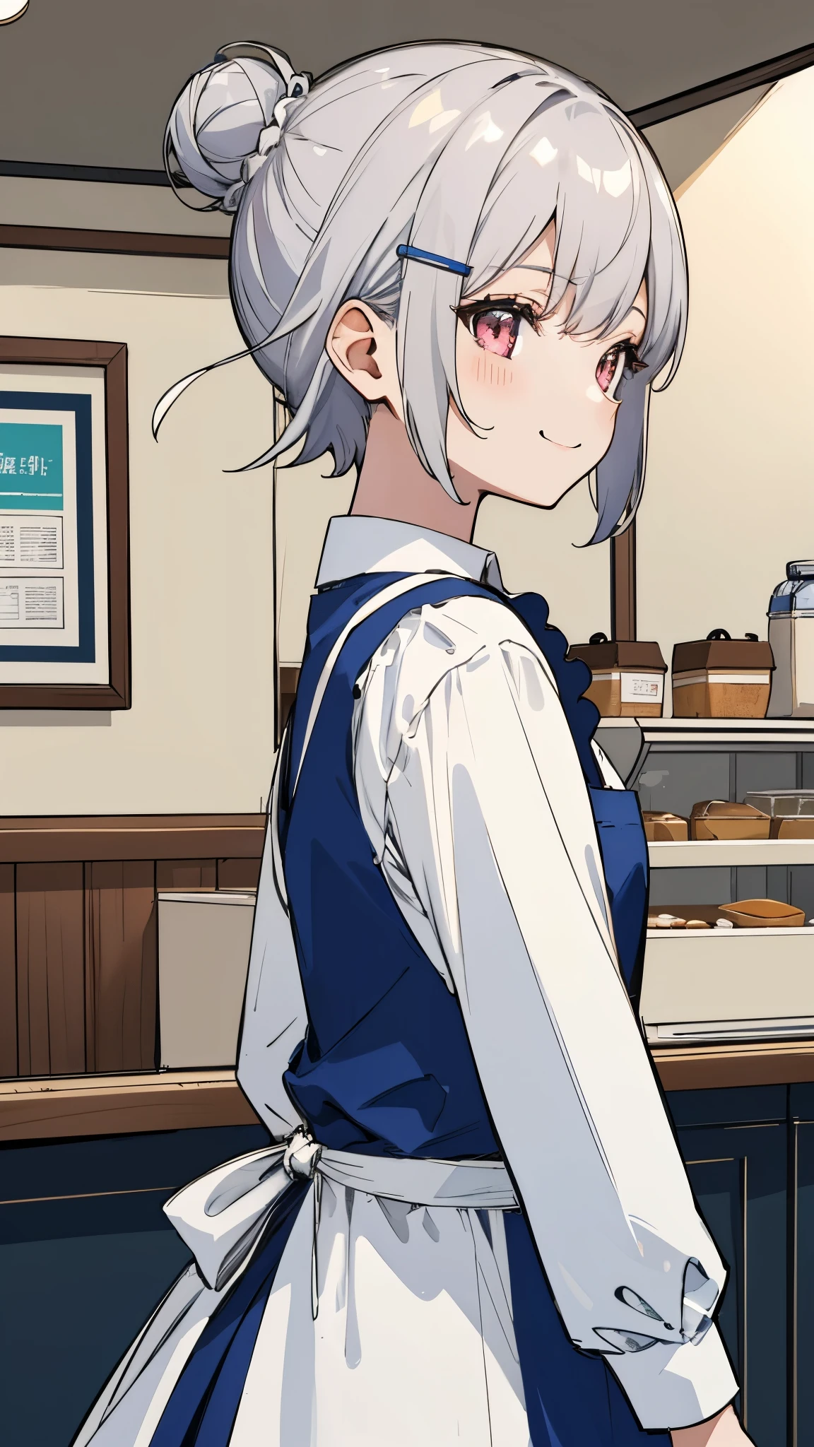 masterpiece、highest quality、High resolution、very detailed、Detailed background、1 girl、white blouse、blue skirt、upper body up、Short hairstyles for silver hair and bob、Hair tied up in a bun with a hair clip、Shining pink round eyes、Apron appearance、((indoor、morning、Cafe))、sharp outline、From the side、smile、upper body close-up