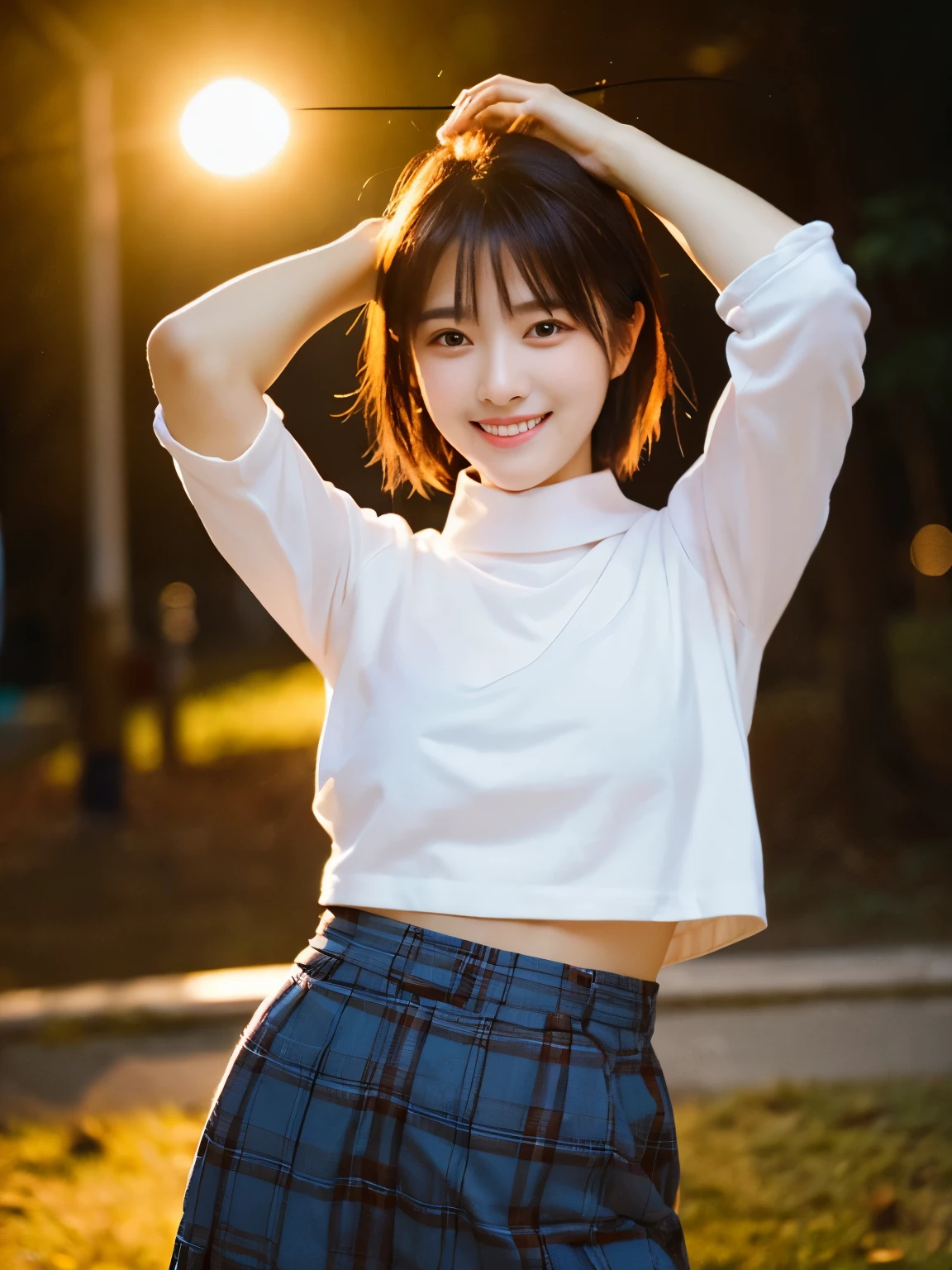 (highest quality,masterpiece:1.3,ultra high resolution),(Super detailed,caustics,8K),(realistic:1.4,RAW shooting),1 girl、20th generation、Carefree smile、beautiful face、perfect face、Korean Idol、innocent smile、cute face、detailed eyes、slightly distant eyes、【Drooping eyes】、thin lips、Brown hair shortcut hair、straight bangs,(hair blowing in the wind),Red checked skirt and black turtleneck sweater、Ribbon headband、stand with your upper body tilted、Make a ball with your hands and raise them above your head to imitate Mickey.、Low position:1.4,ローアングルwhole bodyショット:1.4,full body、whole body、Backlight,night,outdoor、illumination、neon、Kodak Portra 800 Film SMC Takumar 35mm F/ 2. 8 c 50、2018
