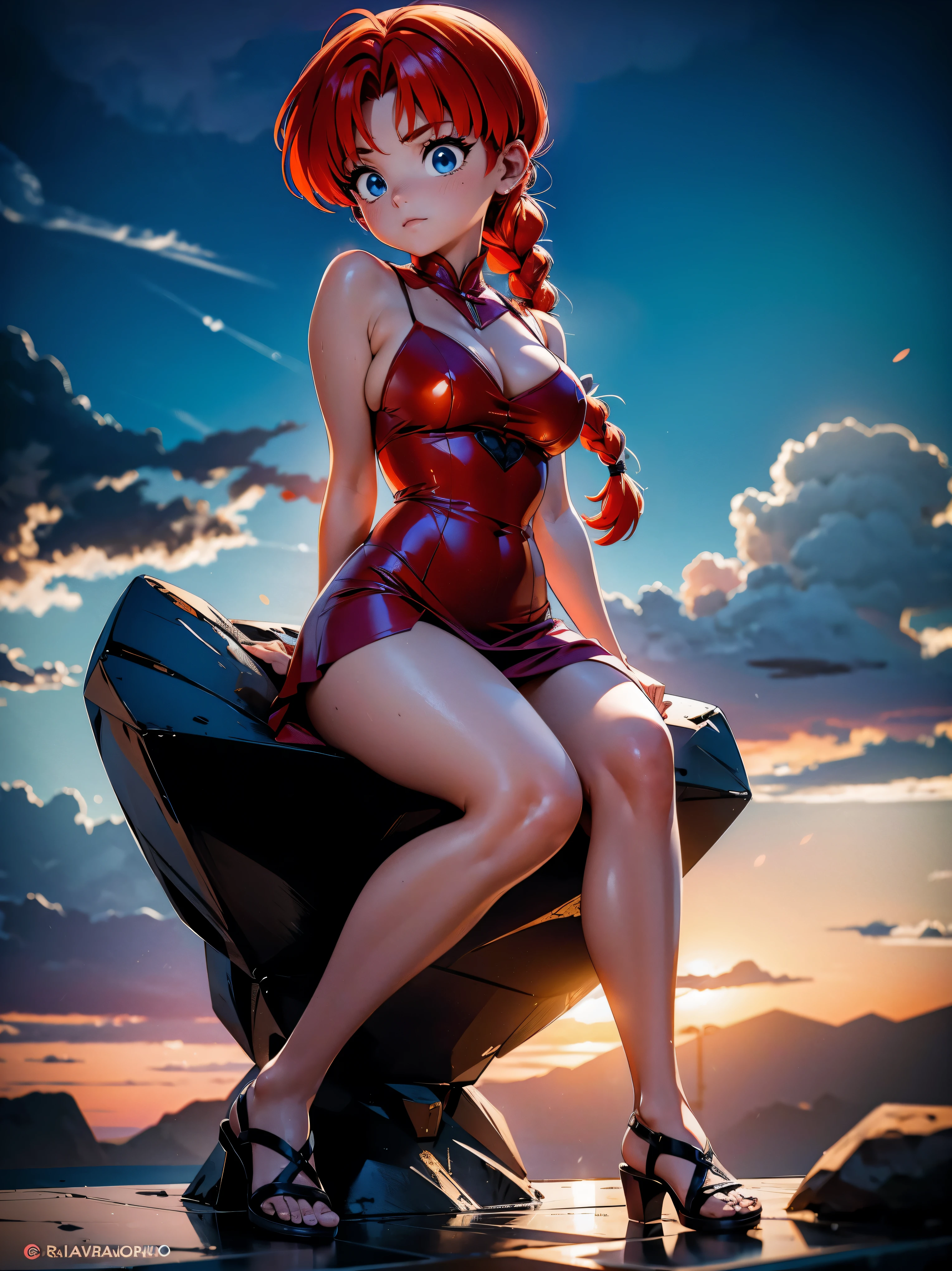 Garota anime triste chorando ruiva na chuva, Garota anime em meio a chuva, ambiente com tempo nublado escuro, Melancholic climate, lagrimas no rosto, ambiente chuvoso. com roupas molhadas encharcadas na chuva, , agachada, sentada, corpo bonito, seios grandes, red hair with braid, olhos azuis, pernas bonitas, hair with braid, enxugando as lagrimss do rosto, olhos lacrimejando, estilo anime, Ranma Chan, Autora Rumiko Takahashi, Baseado em obra de Rumiko Takahashi, Anime Ranma 1/ 2, corpo inteiro, corpo completo, garota jovem com corpo belo e bonito, sandals on his feet, garota 16 anoschorando triste, baixa estatura, roupas molhadas, chovendo, garota anime, estilo anime, sitting on the floor, 45° viewing angle, chuva forte, garota triste, lagrimas no rosto, tempo escuro noite