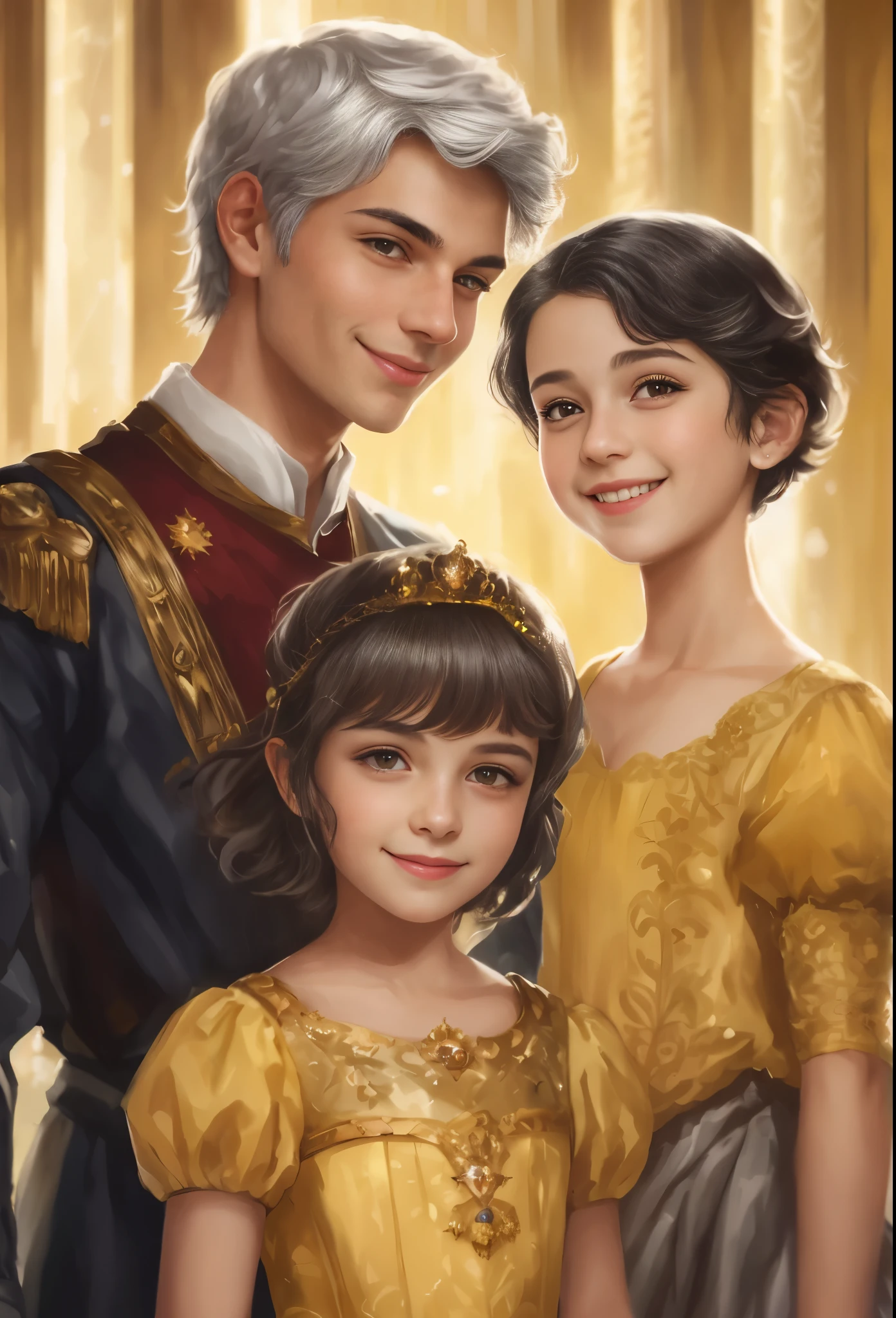 High resolution, portrait, boy and girl with dark hair, 28 years old, light gray hair, short haircut, yellow eyes, smile, crown, portrait, ballroom in the background, realism, fantasy