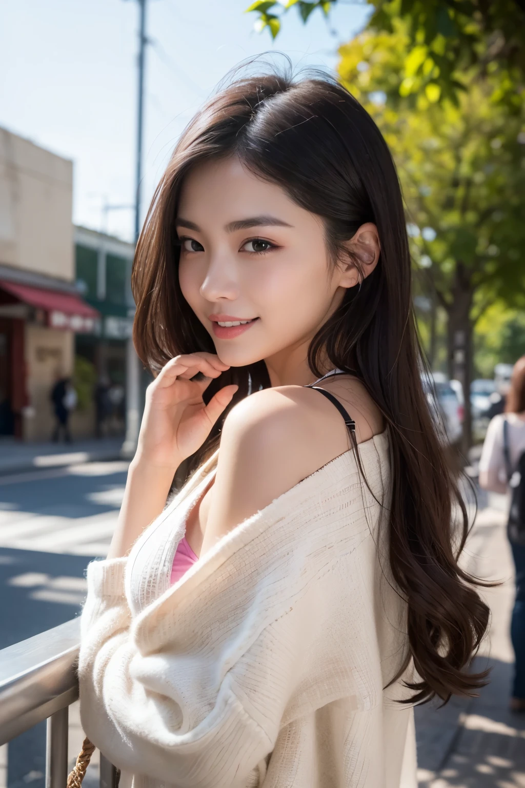 (8ก,raw photos、raw photos、Highest quality、Masterpiece:1.2)、very detailed、Excellent resolution、(Virtual image:1.3)、Angle for shooting from the front、Draw shades of light clearly、High-resolution RAW color photography、Take professional photos、The same skin type as humans、Japanese female proofreading from head to waist、Blur the background、Honest anatomy appeal、Cafe、It is very detailed and beautiful.、Ultra-high image quality、long、Hair flowing and sexy、A very detailed beautiful girl、(Pink eyeshadow)、smile、Ordinary clothes、upper body、Park on a clear day.、loose curly hair、coat、Turn around.、causing her to have sex with.her female friend.and let her bare