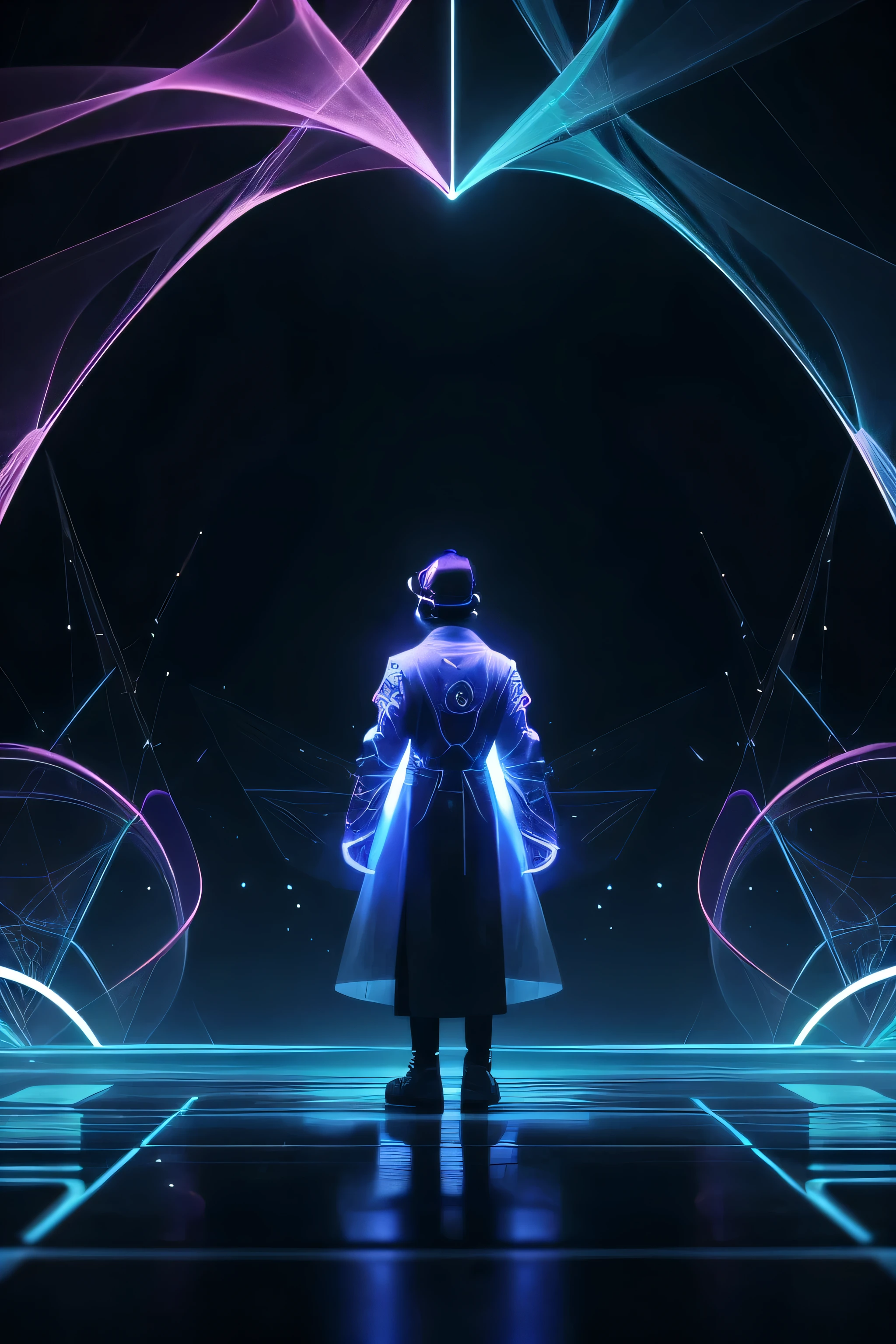 A person stands in a darkened room, their silhouette illuminated by the soft glow of virtual reality goggles. As they reach out with their hand, colorful streams of light materialize around them, forming intricate patterns and shapes in mid-air. With each thought, the patterns shift and evolve, responding to the user's mental commands. The image captures the ethereal beauty of merging with virtual realms, where the boundaries between the physical and digital worlds blur into one.