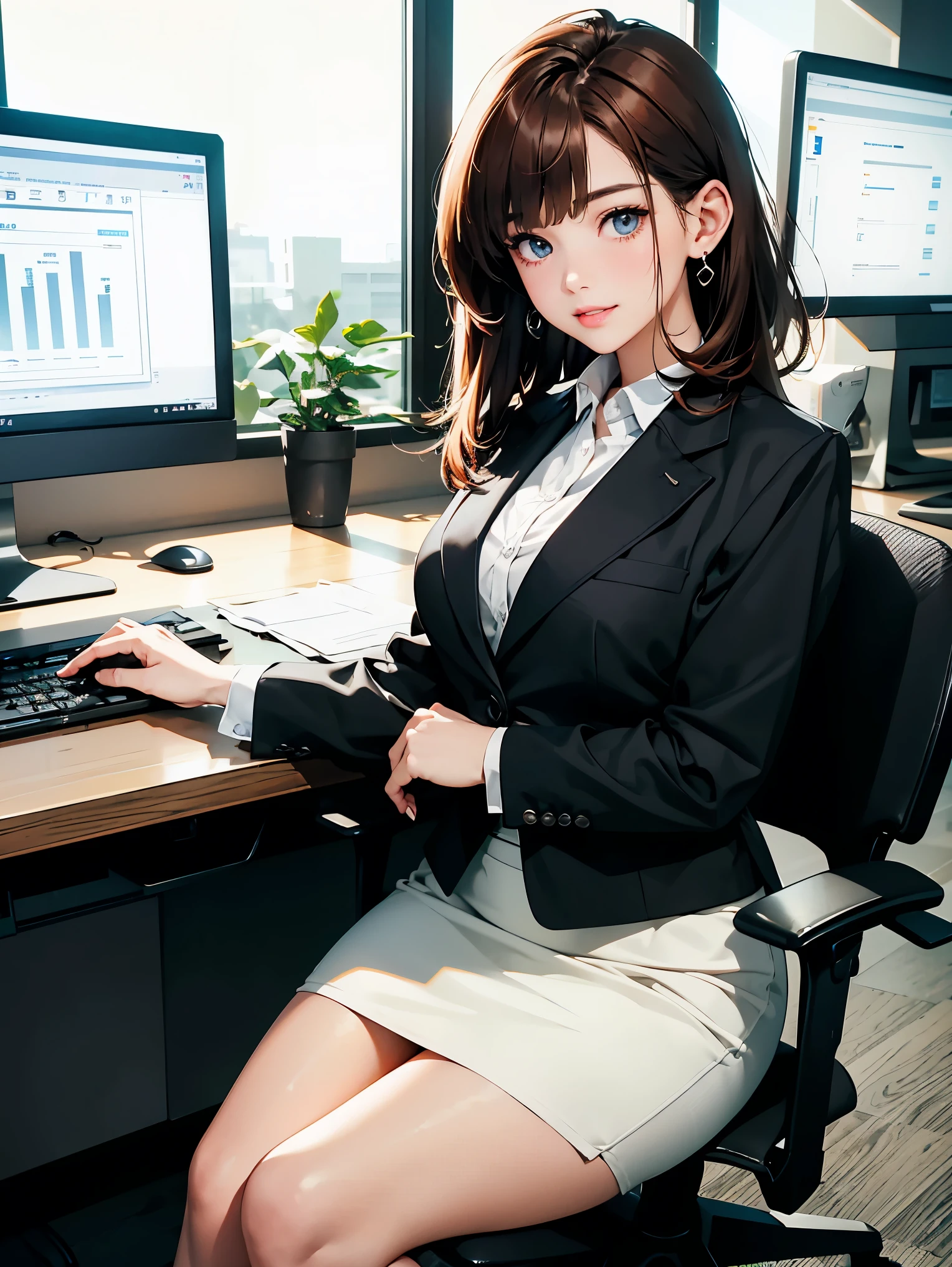 masterpiece、High resolution 8K、NSFW、sharp focus、contrast lighting、fine skin、debris flies、 highest quality、ultra high resolution、ultra high resolution、Detailed CG、stock exchange、large office room、lots of big monitors、desk computer、transaction、document、stock、chart screen、Horizontal focus male office lady、woman sitting on a chair、beautiful eyes、(detailed face and iace:1 2)、narrow eyes、almond eye、black eye、Eye gradation eye highlight:1.2)、(bright reddish brown hair、middle、asymmetrical bangs)、(ID card、Blazers for office wear shortage、white cutter shirt、black pencil skirt、pumps)、(plump lips、gross、glossy lips、 size) 、(oval face : 1.4)、(thin fingered arms、detailed human hand)、half-open smile、teeth visible