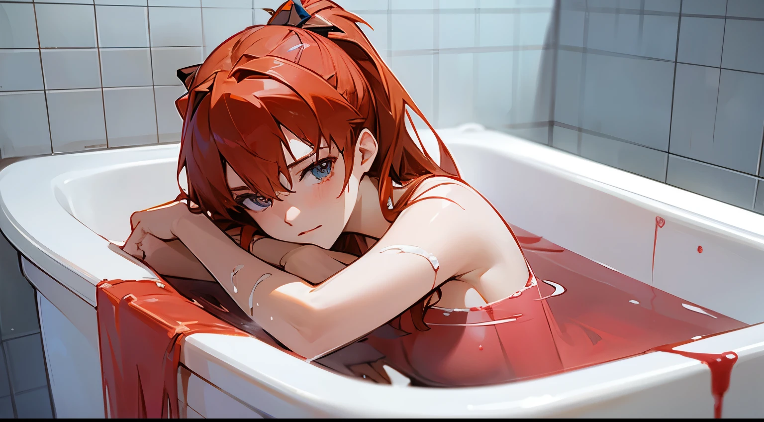 asuka from evangelion lies in the bath with blood