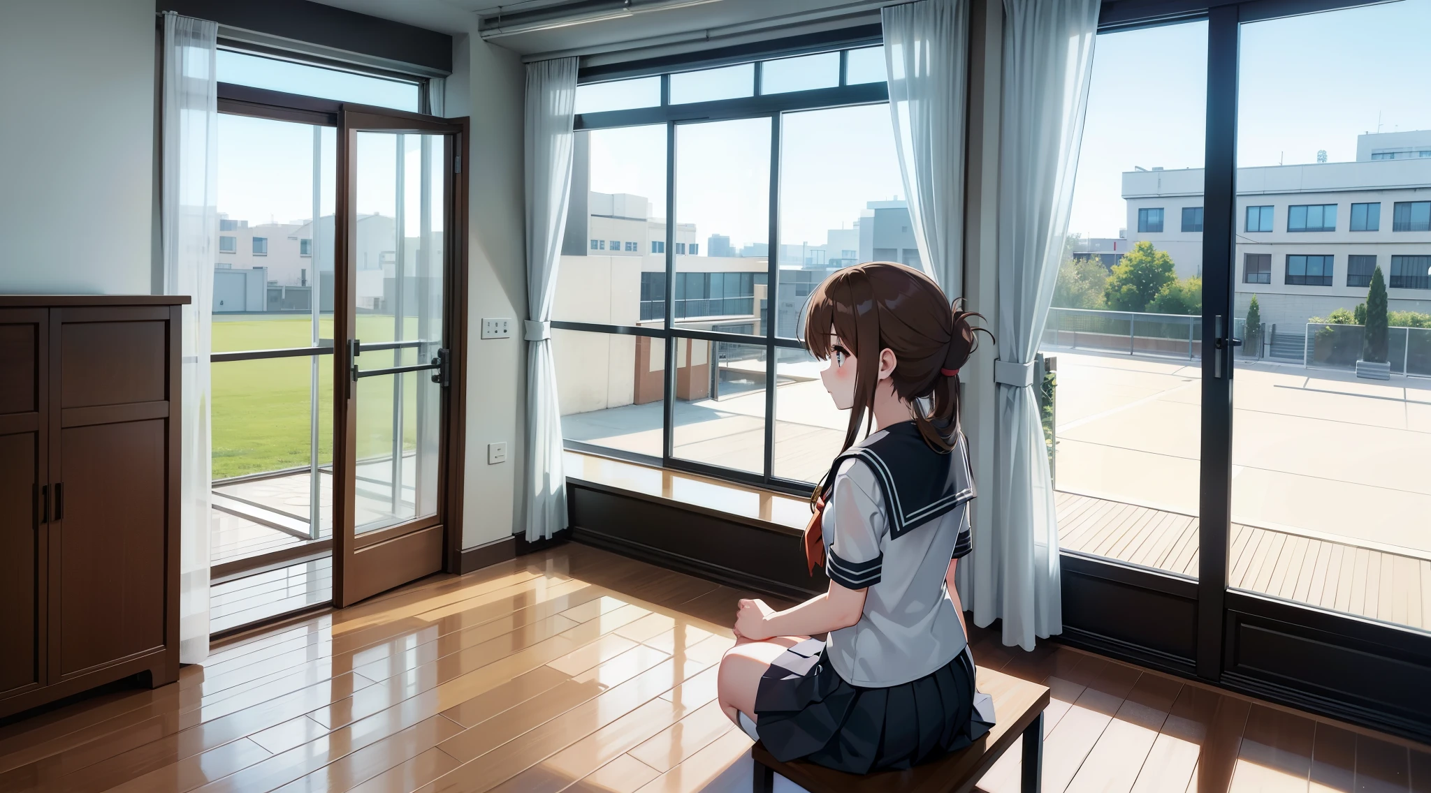 gymnasium with windows，center image，Detailed photos，single building，frontage，modern gymnasium，Architecture concepts，Entire building，Sports facilities，actual sina,I am sitting on the floor of the school gymnasium and observing classes because I am not feeling well.,(masterpiece, best quality:1.2),illustration,8k,hd,1girl,solo,upper body,(portrait:1.2),brown_hair,folded_ponytail,brown_eyes,serafuku,long_hair,school_uniform,skirt,pleated_skirt,