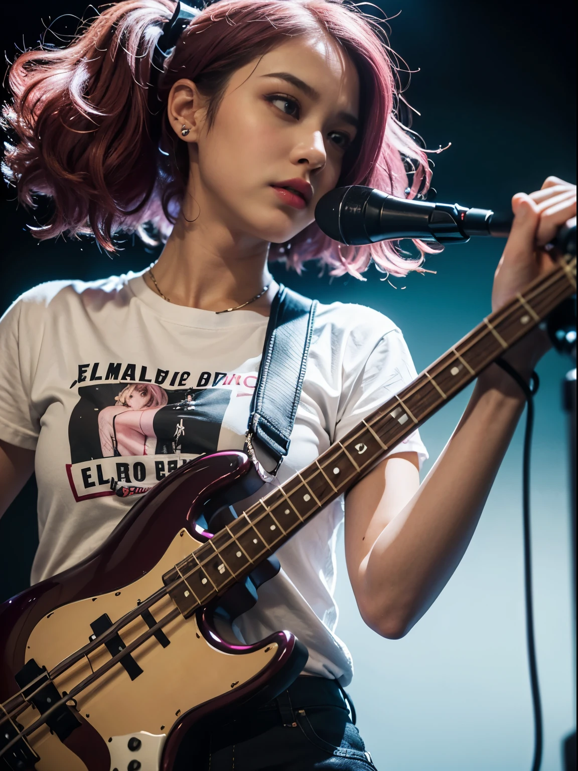 25 year old woman,(high top fade:1.3),no tail,(no tail),2D, masterpiece, highest quality, and soul, detailed eye, detailed face, with a girl, only one person,Pink Hair Medium Hair, (pink hair), Ear Hair, , single blade, (single blade), (side blade), ((At the live venue))、(Playing the electric bass, 4 strings), ((detailed jazz bass)), dark theme, calm colors, high contrast, (Tuttos skin texture, hyper realism, soft light, sharp), Psychedelic T-shirt,