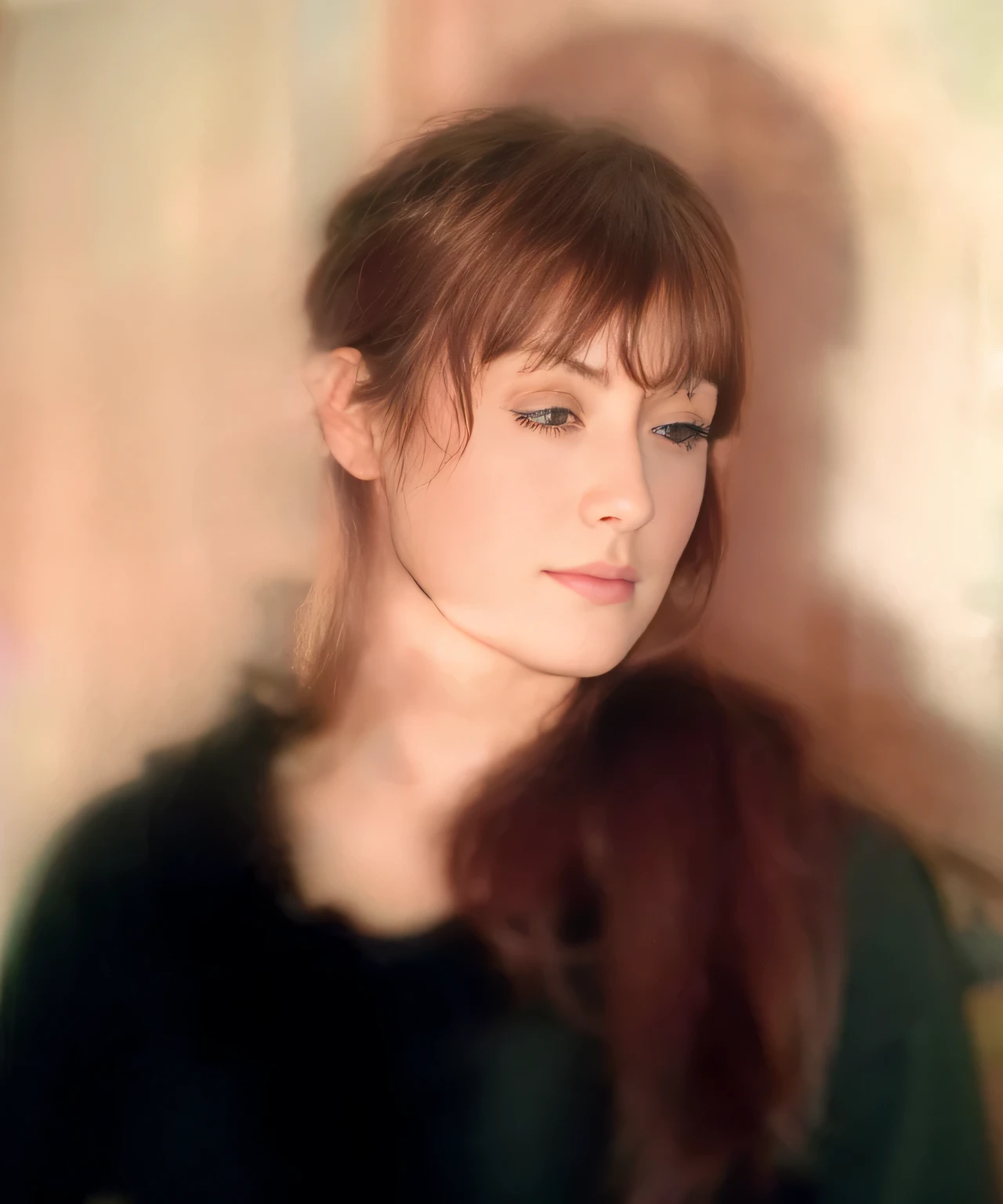 Hay una mujer pelirroja con el cabello en los hombros q, photographed on colour film, Retrato suave, Retrato luz suave, movie portrait, foto de retrato, inspired by Anna Füssli, retrato suave con poca luz, Retrato suave shot 8 k, suave y borroso, por Ayami Kojima, retrato de 35 mm, lluvioso, luz suave desde el costado, retrato en color