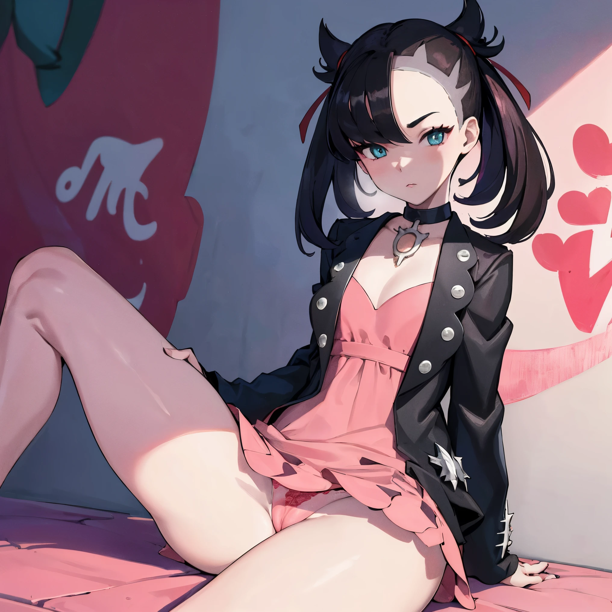 NSFW,"Create masterpieces with the highest quality, High resolution, Featuring a character named Hmmarnie. She has striking aqua eyes、wearing a black choker, red ribbon, and a jeweled pink dress and pink lace panties. she also、Has open clothes and a black jacket with long sleeves. she is cute sitting, look at the viewer. The composition should emphasize her exquisite legs to the viewer. In the background、Must show castle walls covered in vibrant graffiti.",shy face