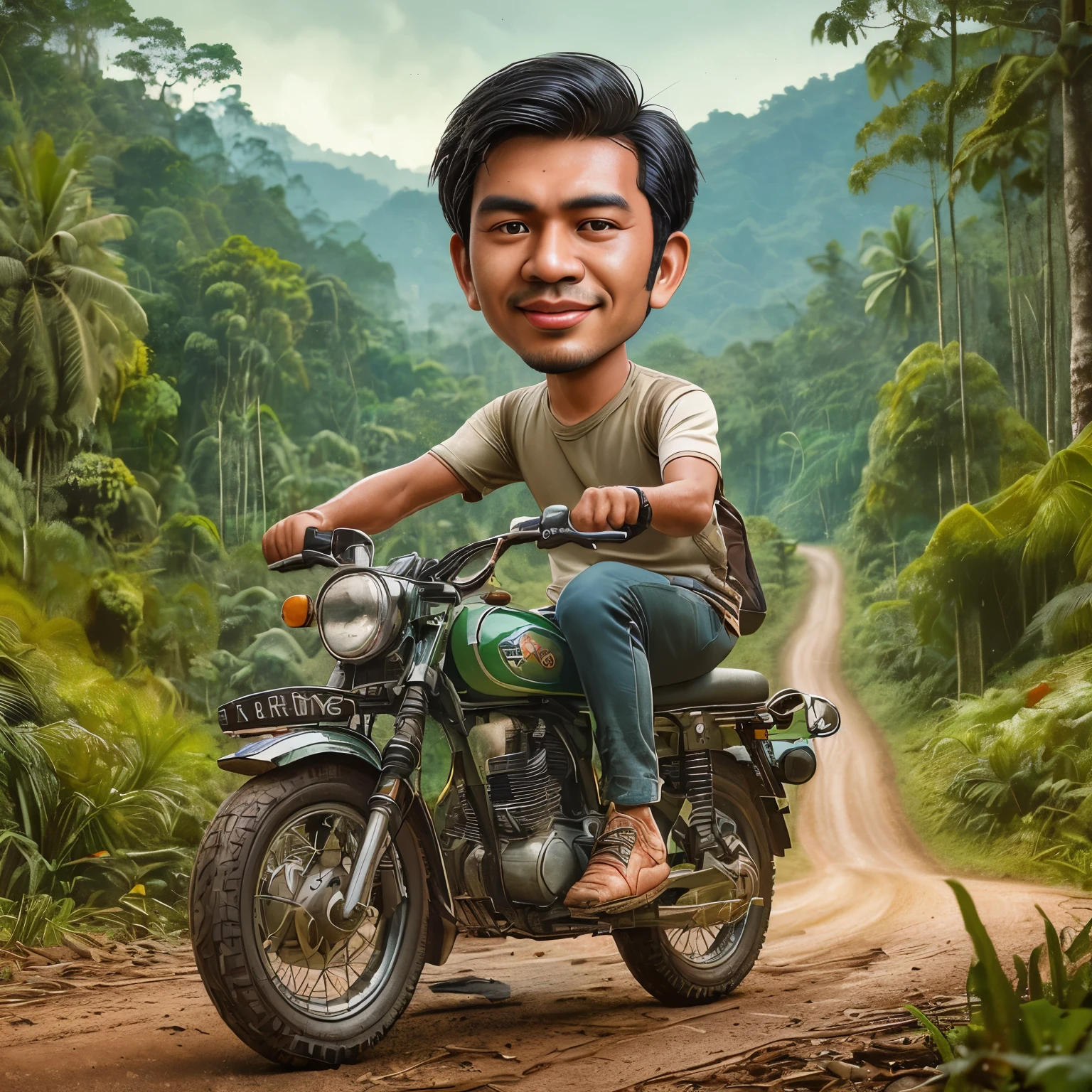 a realistic caricature of an Indonesian young man riding a retro mini-trail motorbike in the middle of the Meratus mountain rainforest. (8K, best quality:1.2), (masterpiece:1.37), (high sharpness) Masterpiece, best quality, (highly detailed photo:1.1)