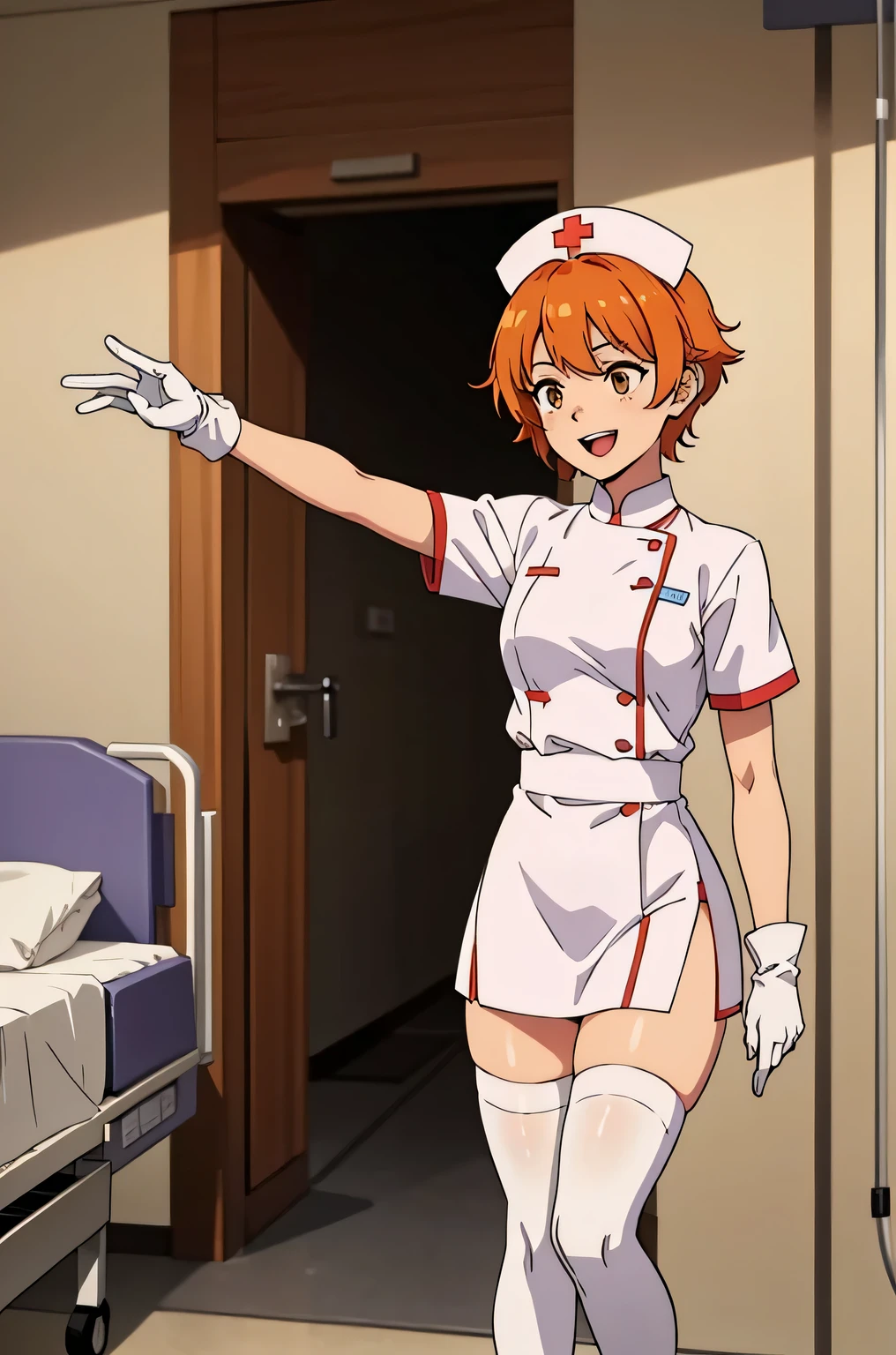 1 girl, alone, nurse, nurse cap, Whiteware, ((white legwear, zettai ryouiki)), white gloves, very short hair, orange hair, smile, open your mouth, Are standing, ((hospital room)), sharp outline, short sleeve, Tomboy, boyish, highest quality, masterpiece