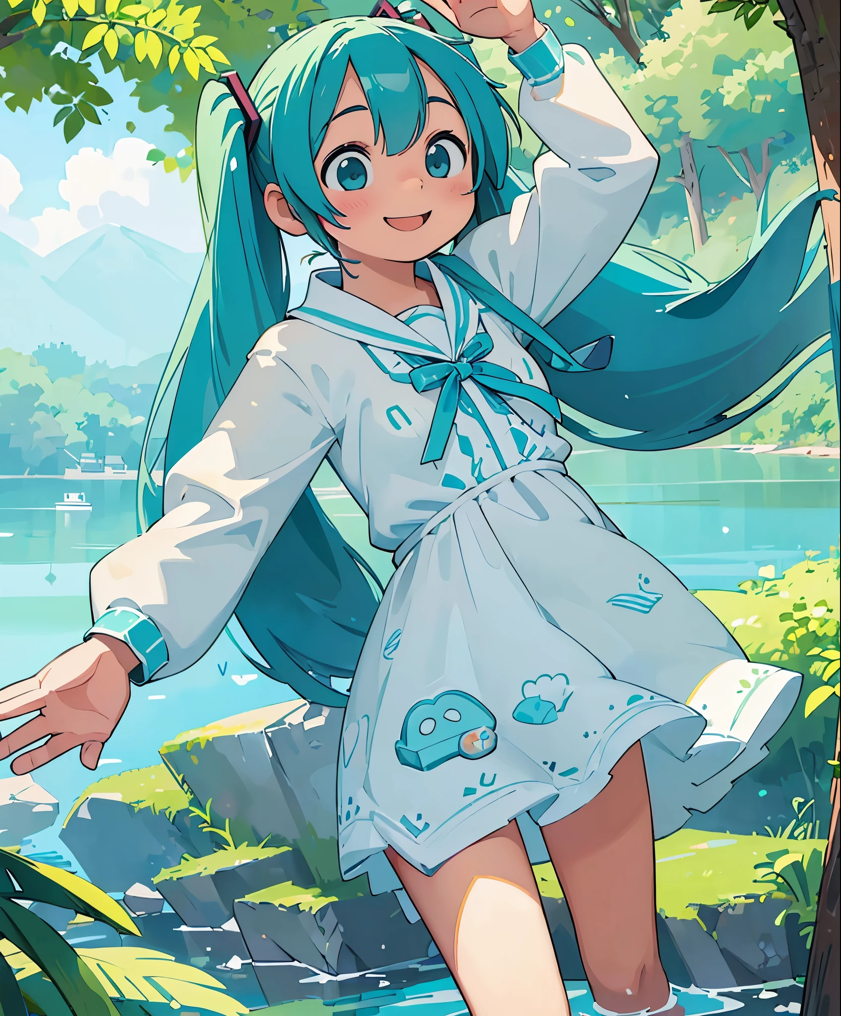 (masterpiece、highest quality、highest quality、official art、beautiful beautiful:1.2)、(1 girl:1.3)Hatsune Miku、beautiful breasts、twin tails、adorable smile、very detailed、16 year old girl,Waving with a remote island in the background,Summery white dress