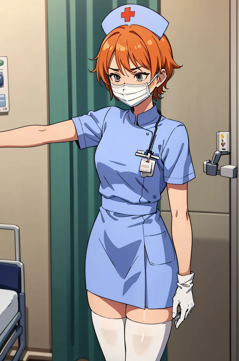 Masterpiece, sksrin, beautiful urban female model, in hospital room,pov, from below, facial details, detailed body part details, 8k wallpaper, looking at viewer, hospital, Hoshizora rin, short hair, nurse custom, thighs, golden ,glowing eyes, cowboy shot, sexy,bent over,pre hug
