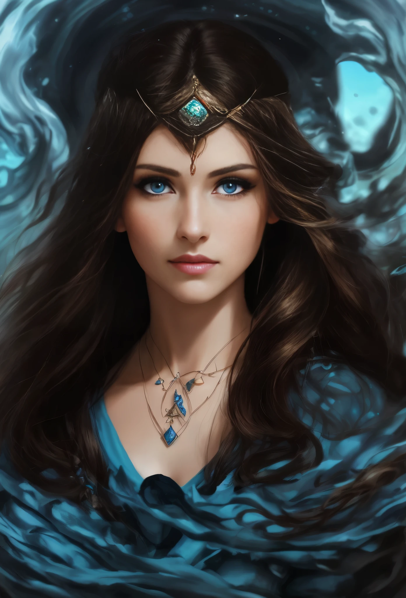 High resolution, brunette girl, 28 years old, bright blue eyes, pattern of stones on her face along the forehead to the temples, Brunette, temples slightly shaved, long black hair pulled back in a ponytail, temples slightly shaved, dressed in a silk shirt and loose trousers, bright blue eyes, portrait, the sea in the background, realism, fantasy