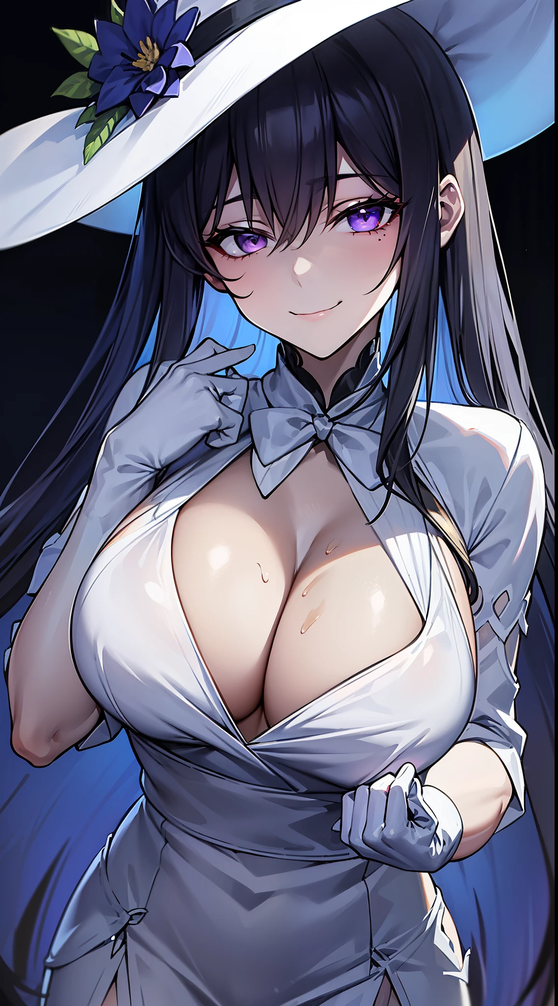 (masterpiece, best quality:1.2), 1girl, solo,black hair,very long hair,hair between eyes,purple eyes,empty eyes,Constance,black flower on hat,Floppy Hat,white tie neck lantern sleeve long dress,lady,crooked bow on chest,white bow tie,cleavage,older girl,pale skin,((hands holding breasts)),((five fingers)),shaded face,((smirk)),breasts focus,(half_closed_eyes:0.8),sweating,heavy breathing,blush,((half-closed eyes)),