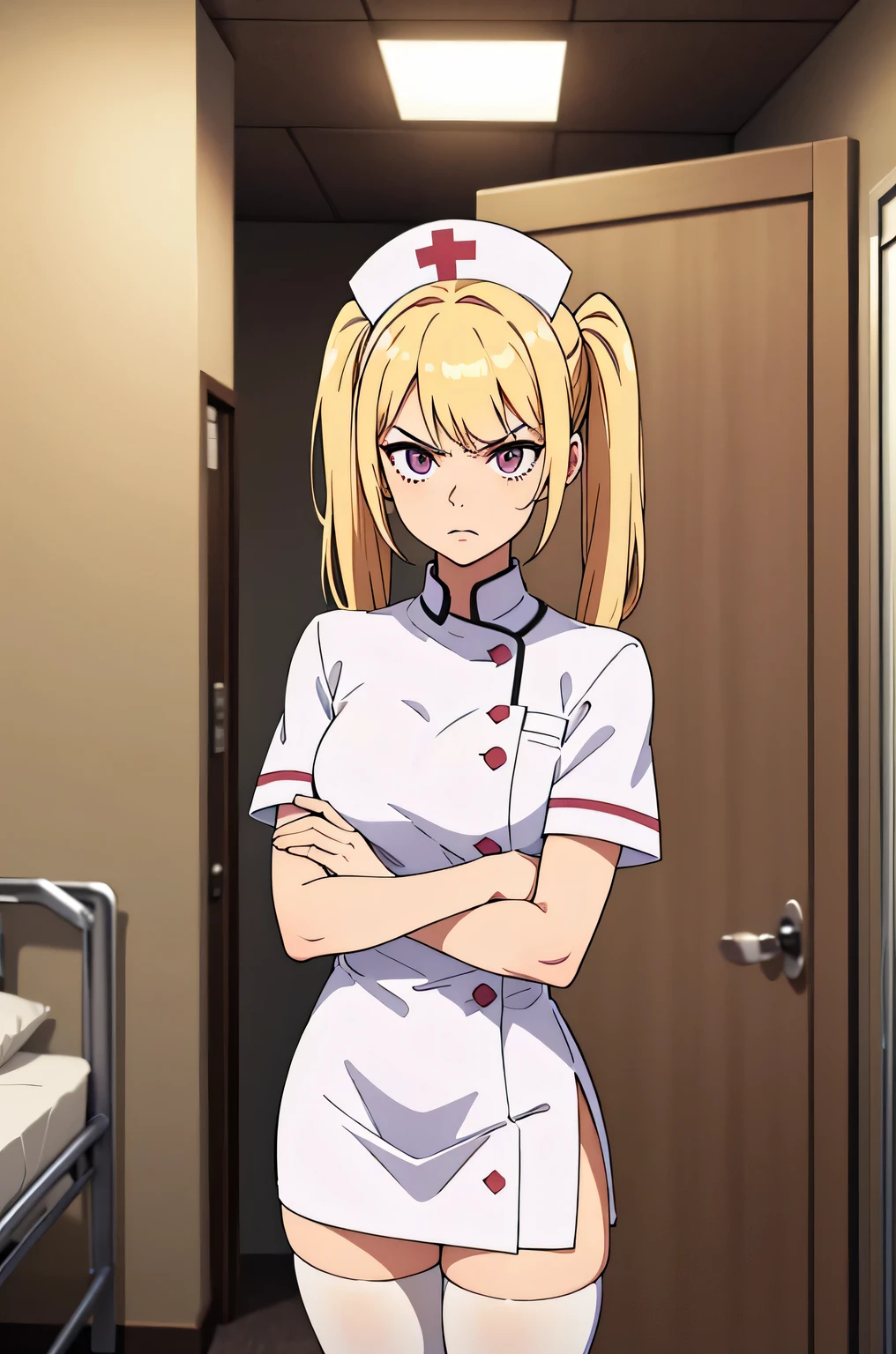 1girl, solo, nurse, nurse cap, white nurse uniform, ((white legwear, zettai ryouiki)), white gloves, twintails, yellow hair, purple eyes, angry, crossed arms, standing, ((hospital room)), sharp outline, short sleeves, best quality, masterpiece