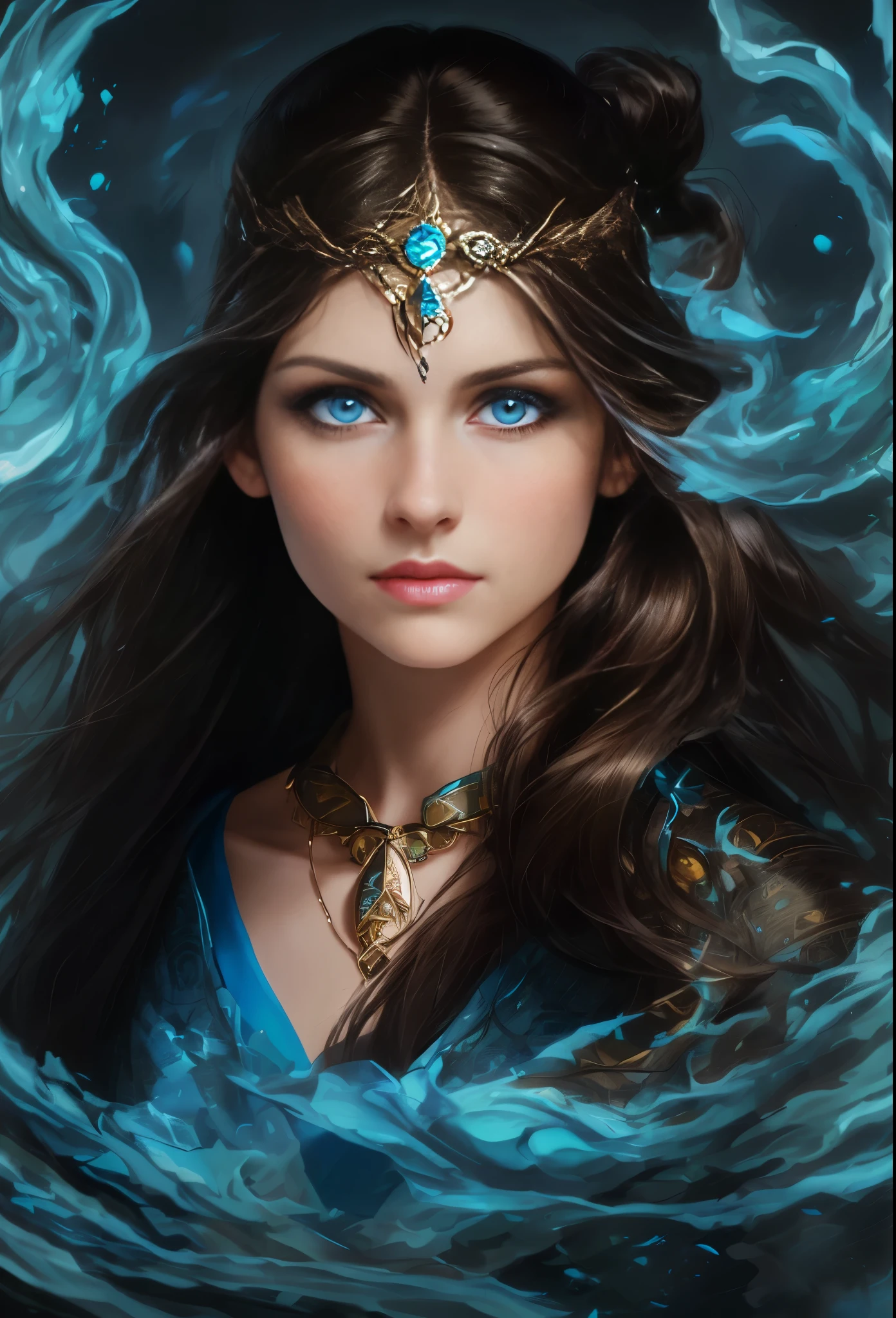 High resolution, brunette girl, 28 years old, bright blue eyes, pattern of stones on her face along the forehead to the temples, Brunette, temples slightly shaved, long black hair pulled back in a ponytail, temples slightly shaved, dressed in a silk shirt and loose trousers, bright blue eyes, portrait, the sea in the background, realism, fantasy
