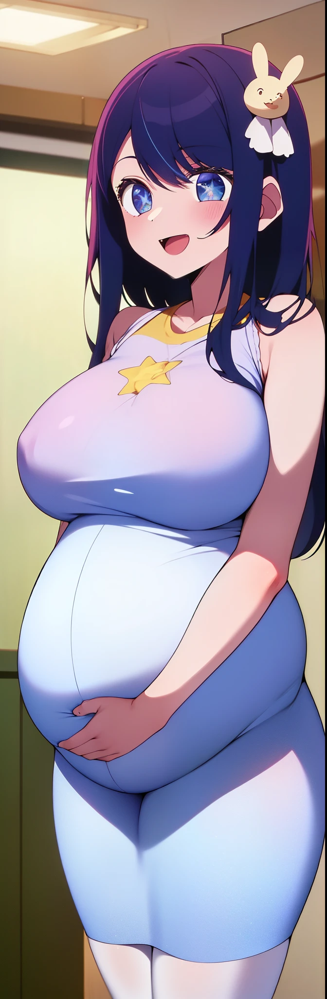 ((Masterpiece, Best Quality)),
(stand in center of screen,from head to shin),
(from front,Framing),hospital,1girl, Ai Hoshino,
(Stars in the Eyes,sparkle in the eyes,
clear eyes, beautiful six-pointed star eyes),
(((pregnant))),open mouth,smile,
black pantyhose,(hair ornaments),