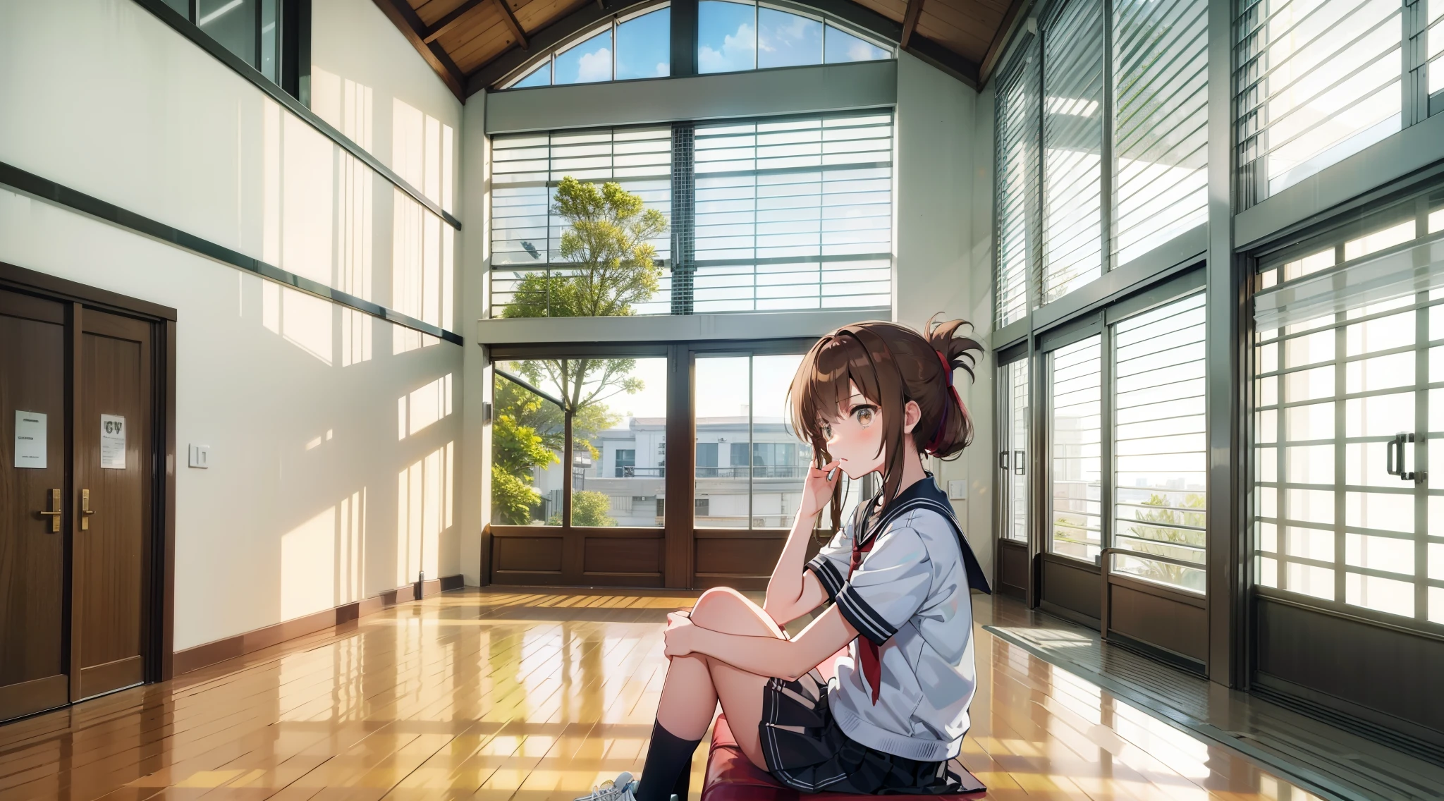 gymnasium with windows,center image,Detailed photos,single building,frontage,modern gymnasium,Architecture concepts,Entire building,Sports facilities,actual sina,I am sitting on the floor of the school gymnasium and observing classes because I am not feeling well.,(masterpiece, best quality:1.2),illustration,8k,hd,1girl,solo,upper body,(portrait:1.2),brown_hair,folded_ponytail,brown_eyes,serafuku,long_hair,school_uniform,skirt,pleated_skirt,