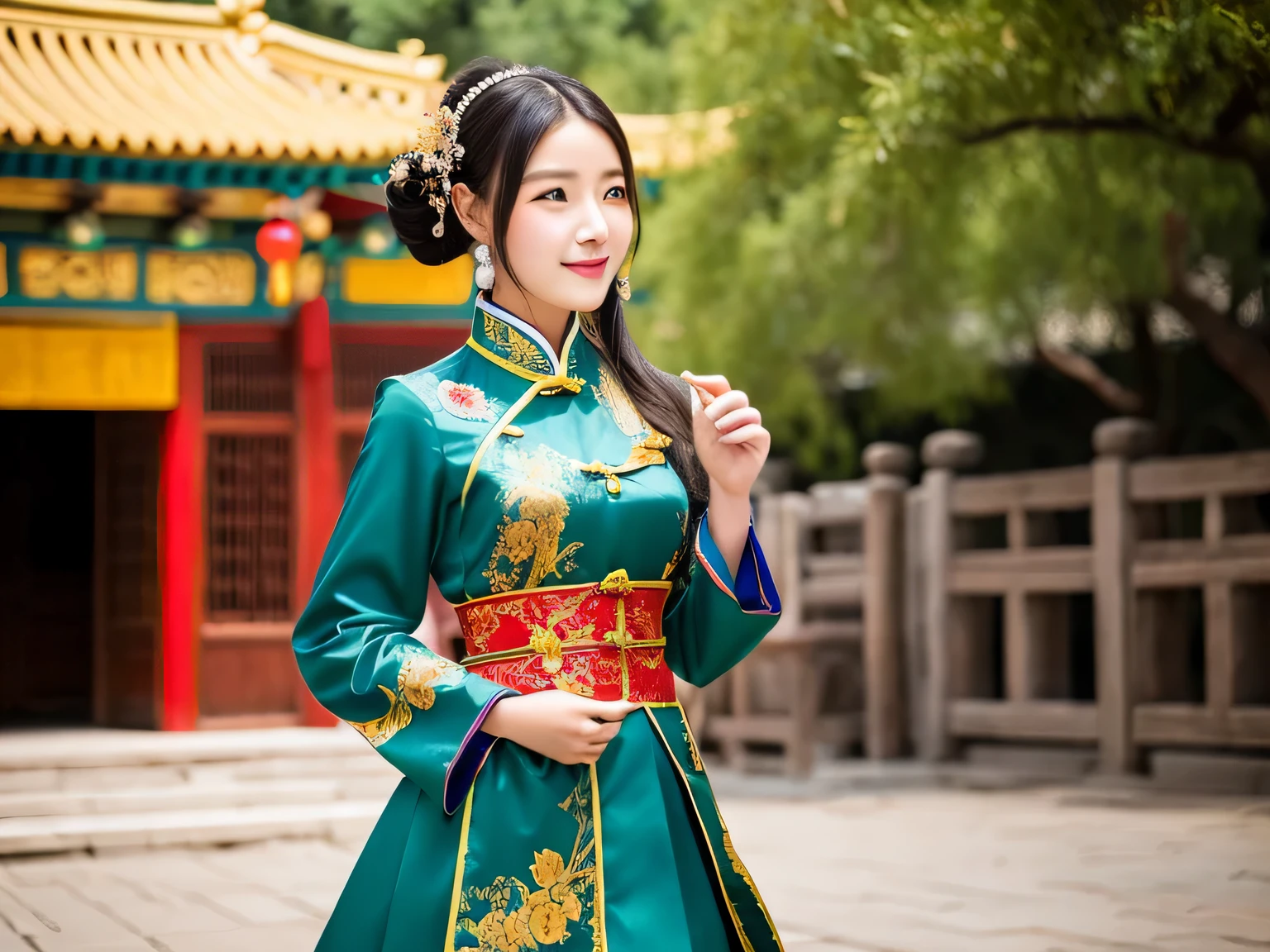 Mao Mao is a 25-year-old Chinese woman.。.、Wearing traditional Chinese costume、walking in the forbidden city