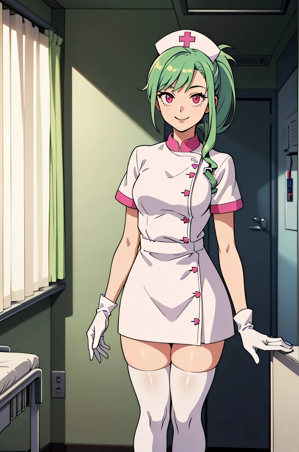 1 girl, alone, nurse, nurse cap, Whiteware, ((white legwear, zettai ryouiki)), white gloves, ponytail, green hair, pink eyes, smile, Are standing, ((hospital room)), sharp outline, short sleeve, highest quality, masterpiece