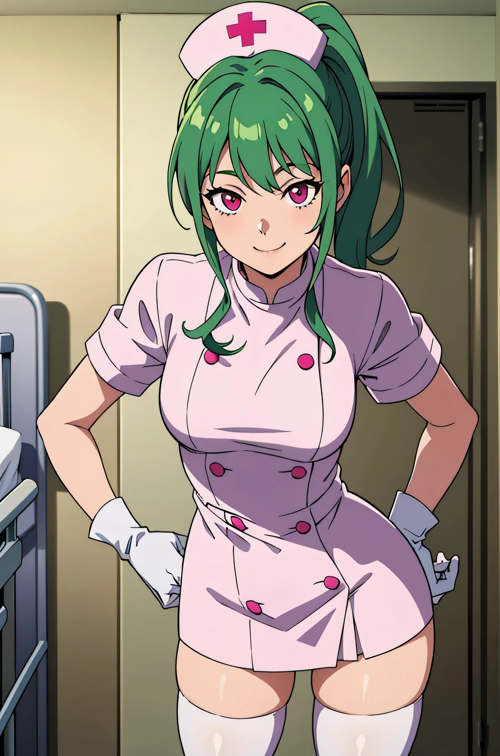 1girl, solo, nurse, nurse cap, white nurse uniform, ((white legwear, zettai ryouiki)), white gloves, ponytail, green hair, pink eyes, smile, standing, ((hospital room)), sharp outline, short sleeves, best quality, masterpiece