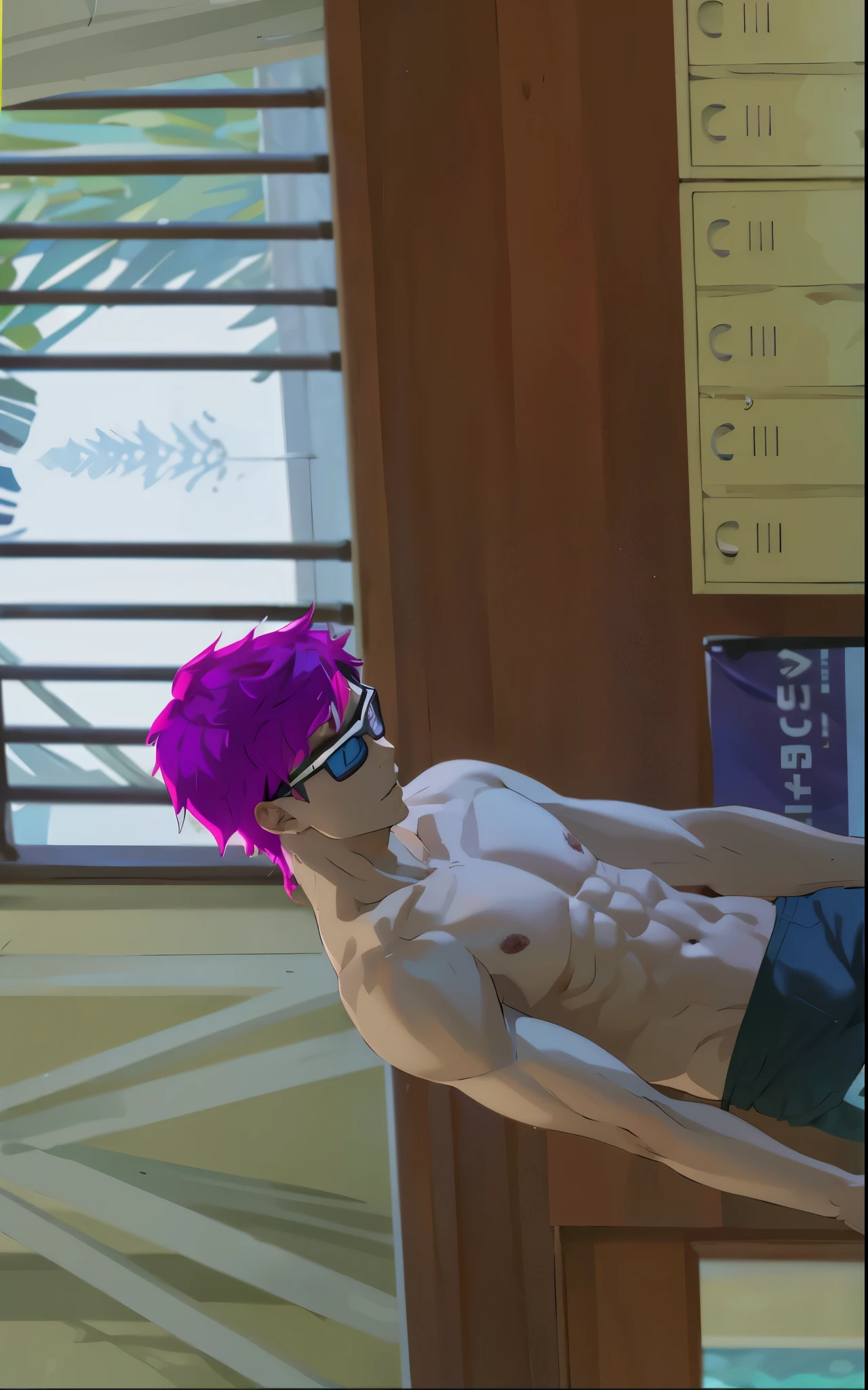 young man, , athletic body, violet hair, swimming goggles, shirtless