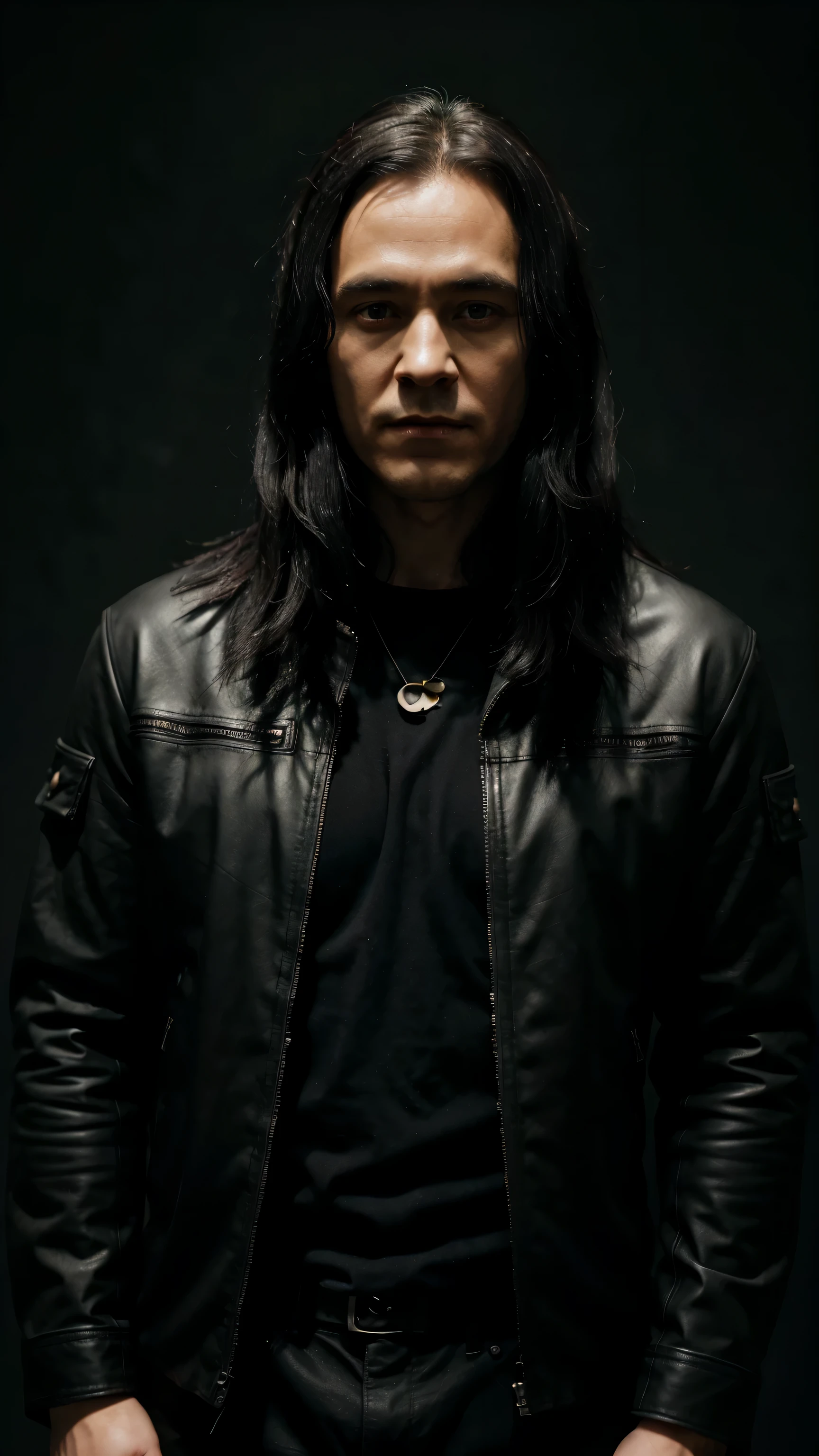 loki。God of misfortune in Norse mythology、master of deception。jet black hair。wearing a black leather jacket。3Probably from Scandinavia, Around 0 years old。The background is a pitch-black world of darkness..。Image of upper body only。