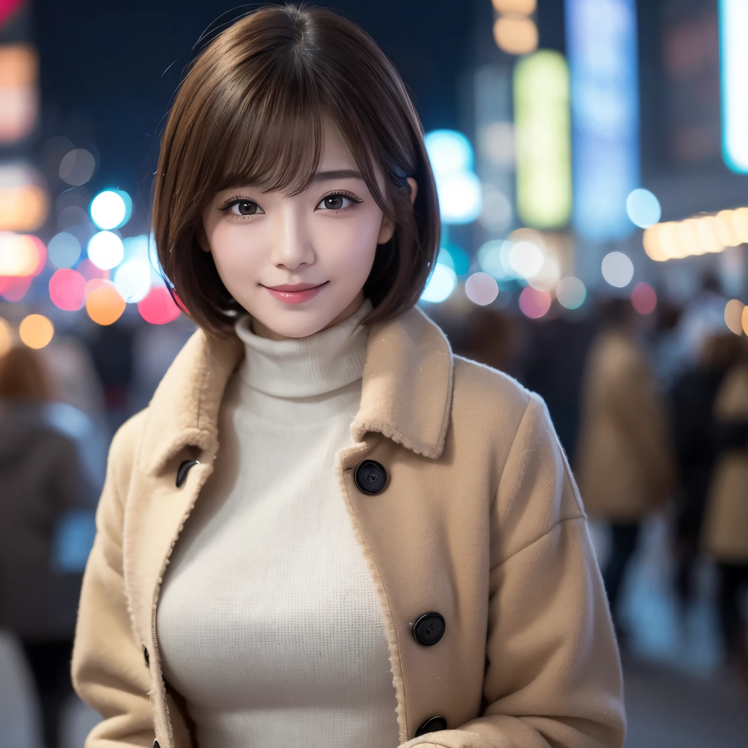 (highest quality、table top、8K、best image quality、Award-winning work、Ultra high definition)、1 girl、(red turtleneck knit:1.2)、(Beige shearling trench coat:1.15)、(shortest short bob:1.1)、epic movie lighting、very moody and romantic lighting、It&#39;s snowing、Shinjuku at night、Glittering night view、blurry night view、perfect anatomy、(big breasts:1.1)、(emphasize the bust line:1.1)、slender body, smile looking at me、perfect makeup、long eyelashes、Ultra high definitionの煌めく瞳、Ultra high definitionの髪の毛、Ultra high definitionの艶のある唇、Ultra high definitionの美しい歯、Ultra high definitionの可愛い顔、blurred background、Premonition of romantic love、(close up of face:1.15)、(smile looking at me:1.1)