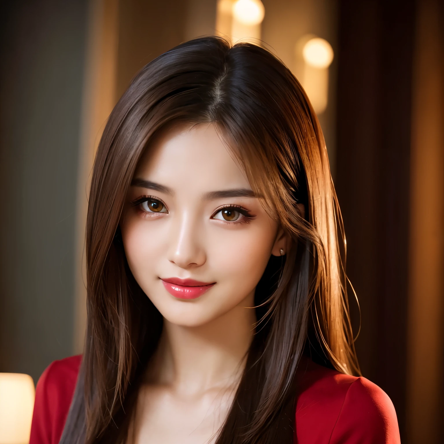 (highest quality、table top、8K、best image quality、Award-winning work)、(1 young girl, 14 years old:1.3)、(Perfect V-neck red long knit sweater:1.2)、(red eyeshadow:1.2)、perfect makeup、long eyelashes、Super high-definition sparkling eyes、ultra high definition hair、Ultra high definition glossy lips、Ultra high definition perfect teeth、Super high definition cute face、brown hair、(Very Long Straight Hair:1.1)、Small cleavage、smile looking at me、[clavicle]、accurate anatomy、(close up of face:1.1)、luxury love hotel、(The most moody warm lighting:1.2)、blurred background