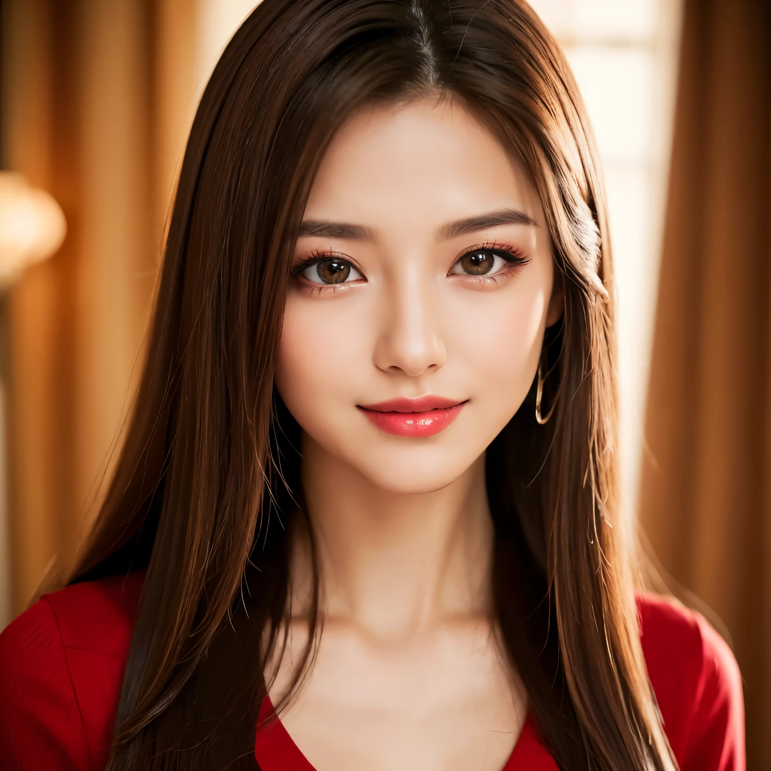 (highest quality、table top、8K、best image quality、Award-winning work)、(1 young girl, 14 years old:1.3)、(Perfect V-neck red long knit sweater:1.2)、(red eyeshadow:1.2)、perfect makeup、long eyelashes、Super high-definition sparkling eyes、ultra high definition hair、Ultra high definition glossy lips、Ultra high definition perfect teeth、Super high definition cute face、brown hair、(Very Long Straight Hair:1.1)、Small cleavage、smile looking at me、[clavicle]、accurate anatomy、(close up of face:1.1)、luxury love hotel、(The most moody warm lighting:1.2)、blurred background