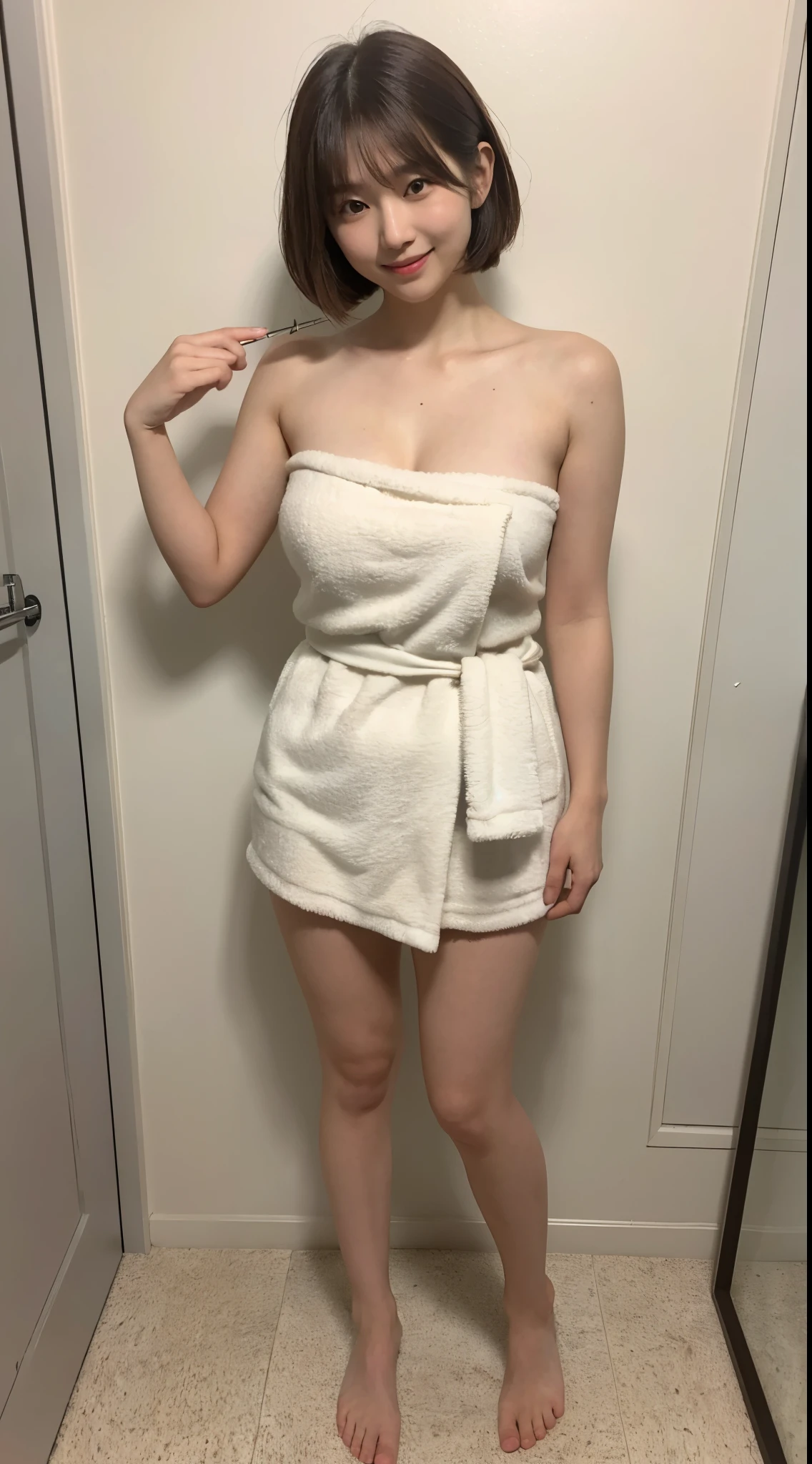 ((full body)),((full pose picture)) Masterpiece: 1.3), (8K, Photorealistic, RAW Photography, Best Quality: 1.4), Japan Girls, Standard Body Shape: 1.3, (light brown straight bob Hairstyle: 1.4),  Ultra Detail Face, Eyes of Detail, Double Eyelids, slim legs, slim body, 20 years old girl, teen, ((standing:1.4)), Slouching Breasts, Sharp Focus: 1.2, Pretty Women: 1.4, Light black Hair, Top Quality, wink, blushing, Masterpiece, ((smile:1.3)), Ultra high resolution, firm buttocks, black eye shadow, (photorealistic: 1.4), very detailed and professional lighting smile, hotel room, white bathrobe:1.4, unbuttoned bathrobe, bare feets:1.4, show nipples:1.4, undressing:1.4, selfie in mirror:1.5