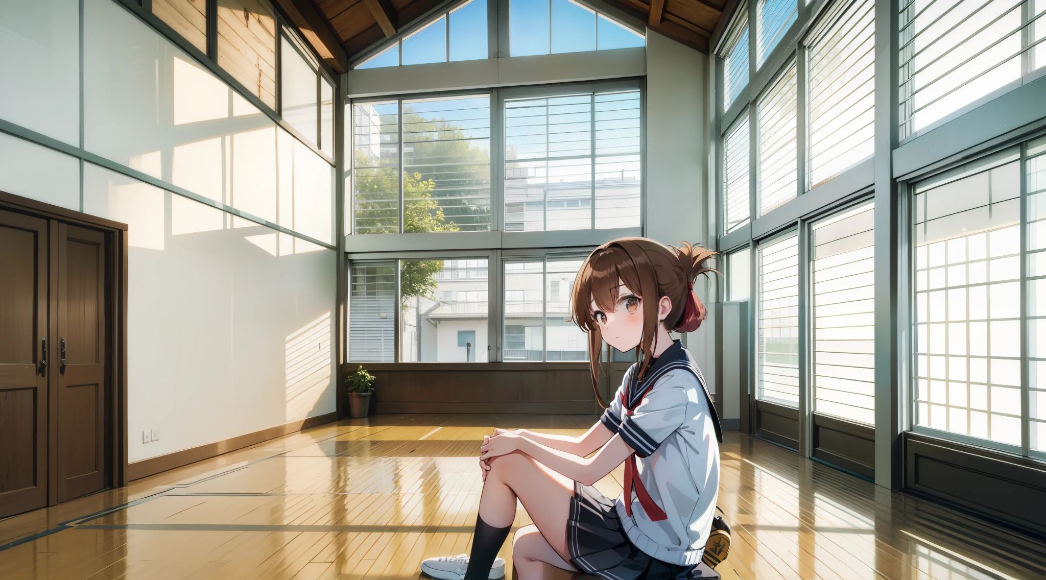 gymnasium with windows,center image,Detailed photos,single building,frontage,modern gymnasium,Architecture concepts,Entire building,Sports facilities,actual sina,I am sitting on the floor of the school gymnasium and observing classes because I am not feeling well.,(masterpiece, best quality:1.2),illustration,8k,hd,1girl,solo,upper body,(portrait:1.2),brown_hair,folded_ponytail,brown_eyes,serafuku,long_hair,school_uniform,skirt,pleated_skirt,