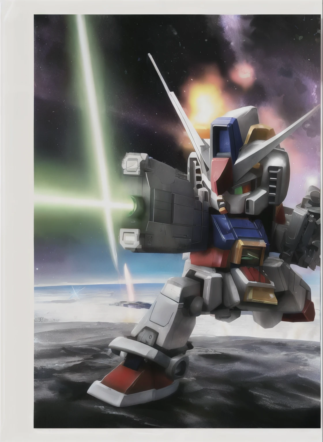 (masterpiece)、 (SF)、 (SD Gundam)、F91 logo mark、highest quality、Rin々new face details、Hold a bazooka and saber against the enemy、Dancing in the air、Mechanic Robot、chibi character、realistic outer space、Maximum output、continuous attack、beam radiation、Vesbar、Fully armed、earth in background、Flying through the sky like a comet、fin funnels surround it、rust on edges、docking、core change、