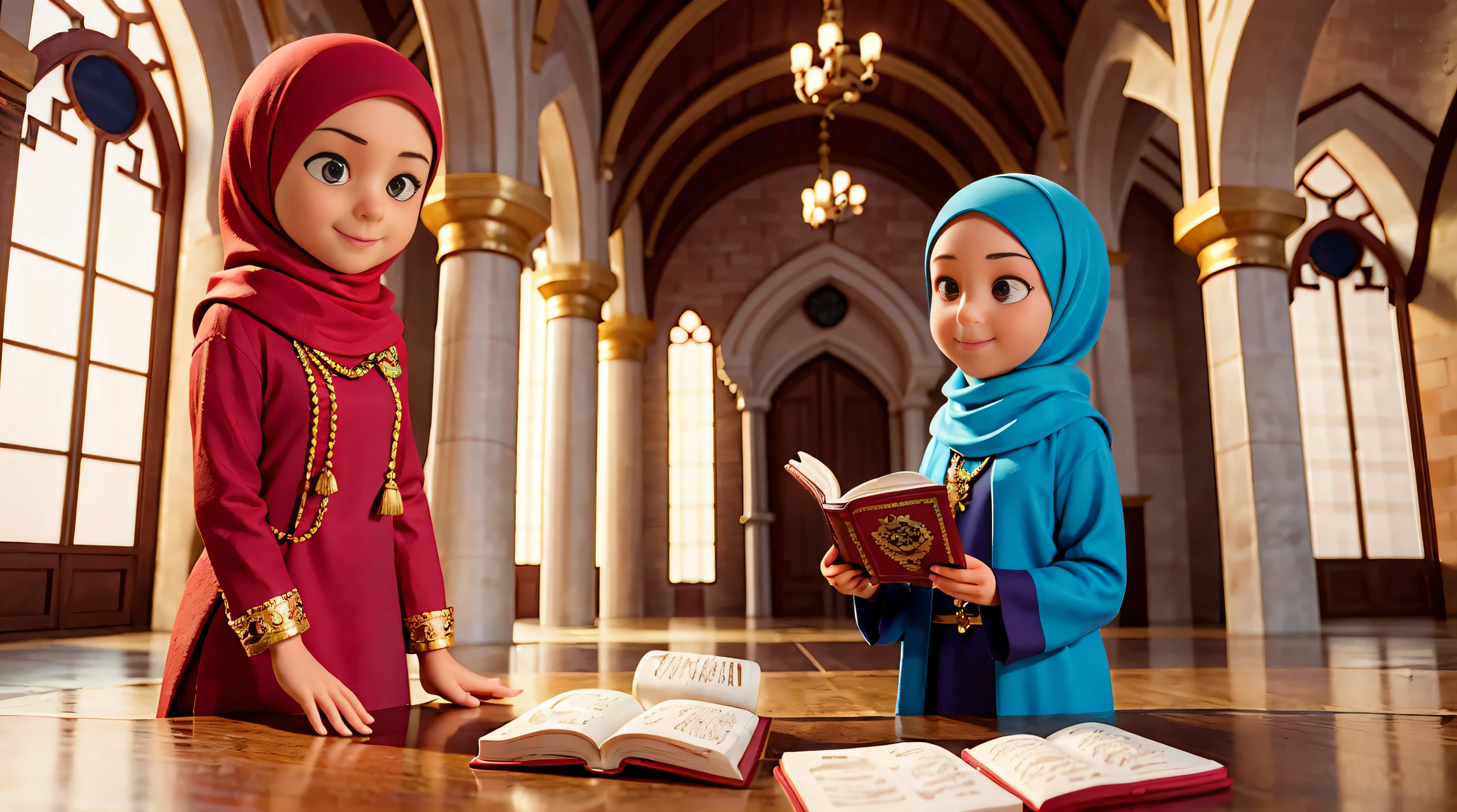 light smile, Surrealism, atmospheric perspective, 8k, super detail, ccurate, best quality, masterpiece, 16k, 8k, 4K, highres, best quality, award winning, high quality, high details, textured skin, anatomically correct, ccurate, masterpiece, muslim girls reading in mosque, good fingers, good hand
