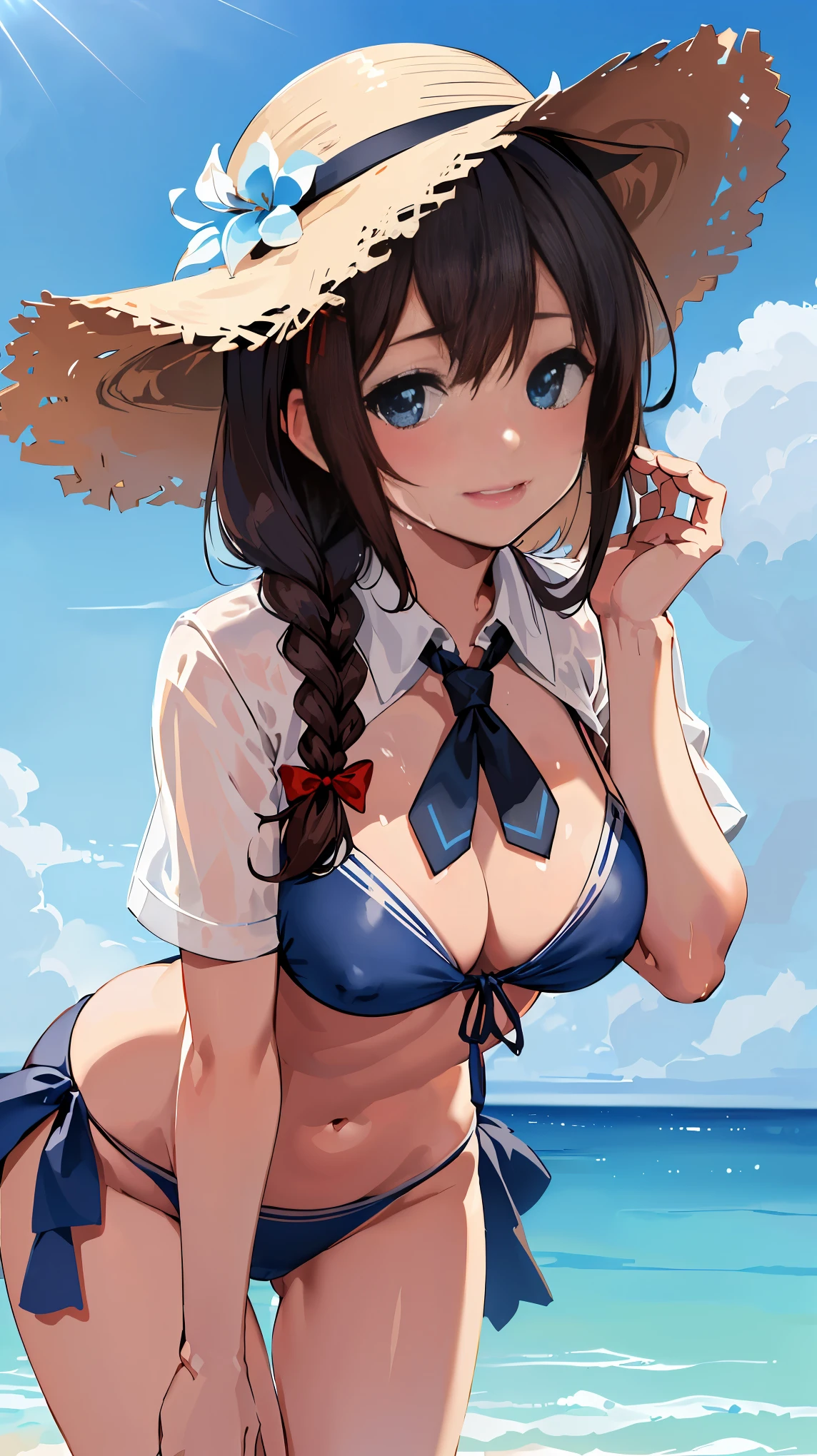 (masterpiece), (best quality), (ultra-detailed), photorealistic, (best illustration), (an extremely delicate and beautiful), 1girl, solo, detailed scenery, radiant beach, blue sky, white cloud, kcshigurek3su, cowboy shot, leaning forward, finely detailed iris, detailed eyes, side-tie bikini bottom, hair ornament, hair flaps, single braid, brown hair, straw hat, hat flower, front-tie bikini top, black necktie, collared shirt, see-through, blue bow, light smile, short sleeves,
Very Fine Eyes Very Fine Face、Insanely detailed body、Extremely fine skin, very elaborate hair ornament, Precisely shaped body and hands Wet Transparent Shirt
