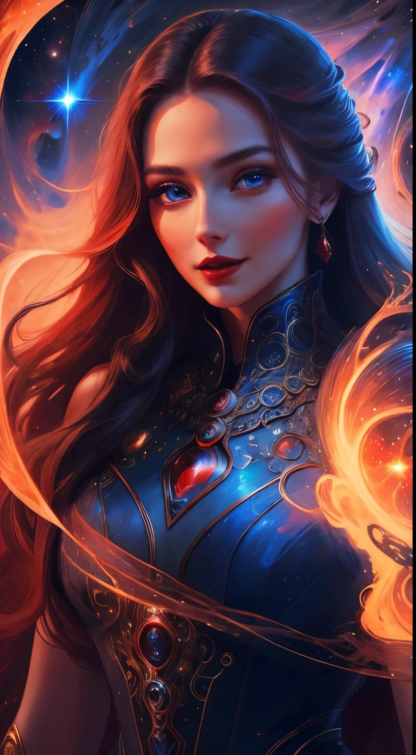 A  lady with blue and red hair, wearing a dark hooded cloak with intricate golden patterns, holding a burning fire in her hand, medium breasts, thick, form-fitting bodysuit, (nude:0.9), NSFW, surrounded by swirling flames and ice crystals, dressed in a detailed outfit with blue and white accents, displaying a determined expression, standing against a dark background illuminated by the fiery and icy elements , detailed gorgeous face| anime style| key visual| intricate detail| highly detailed| breathtaking| vibrant| panoramic| cinematic| Carne Griffiths| Conrad Roset| gibbli 8k