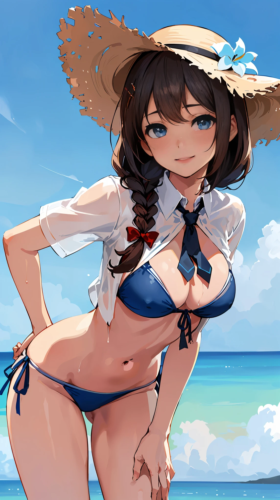 (masterpiece), (best quality), (ultra-detailed), photorealistic, (best illustration), (an extremely delicate and beautiful), 1girl, solo, detailed scenery, radiant beach, blue sky, white cloud, kcshigurek3su, cowboy shot, leaning forward, finely detailed iris, detailed eyes, side-tie bikini bottom, hair ornament, hair flaps, single braid, brown hair, straw hat, hat flower, front-tie bikini top, black necktie, collared shirt, see-through, blue bow, light smile, short sleeves,
Very Fine Eyes Very Fine Face、Insanely detailed body、Extremely fine skin, very elaborate hair ornament, Precisely shaped body and hands Wet Transparent Shirt