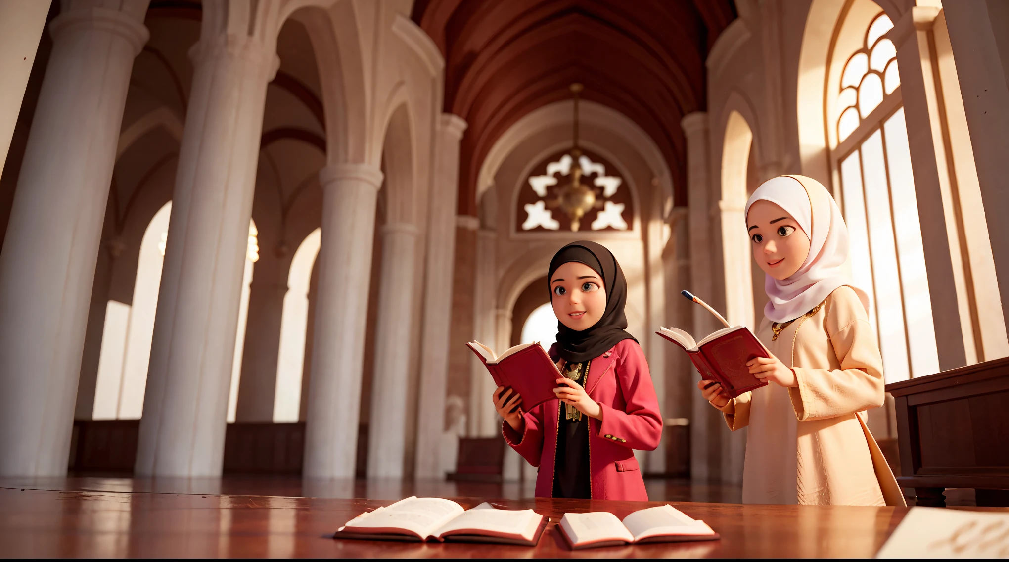 light smile, Surrealism, atmospheric perspective, 8k, super detail, ccurate, best quality, masterpiece, 16k, 8k, 4K, highres, best quality, award winning, high quality, high details, textured skin, anatomically correct, ccurate, masterpiece, muslim girls reading in mosque, good fingers, good hand