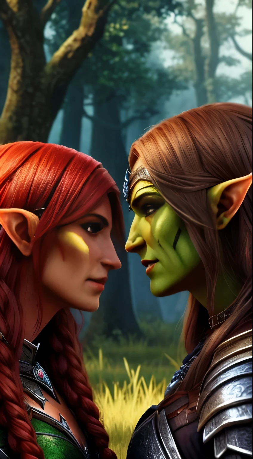 a beautiful female elf warrior and a beautiful female orc warrior, face to face, they are caressing each other, 8k, ultra realistic, extremely detailed
