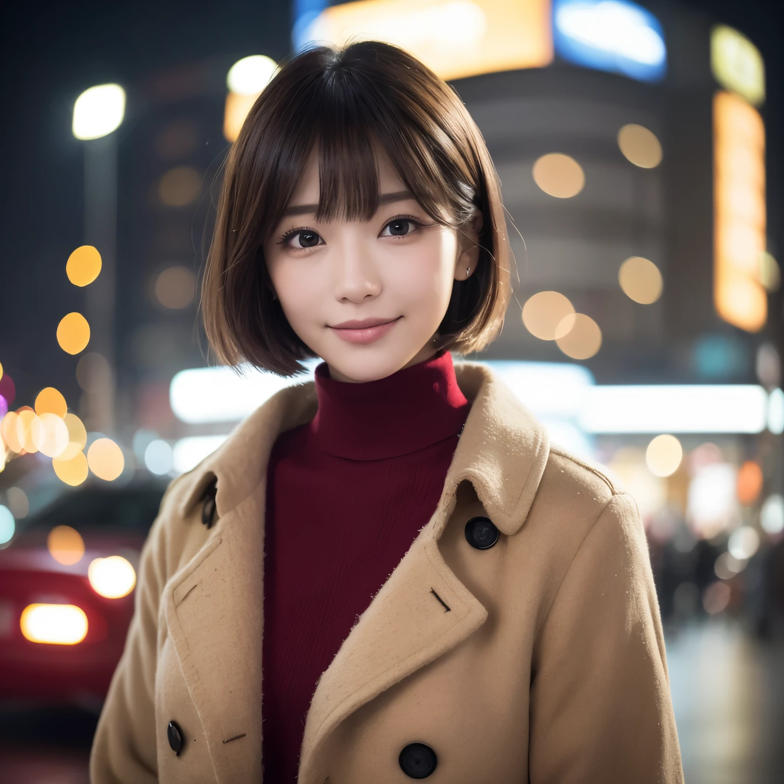 (highest quality、table top、8K、best image quality、Award-winning work、Ultra high definition)、1 girl、(red turtleneck knit:1.2)、(Beige shearling trench coat:1.15)、(shortest short bob:1.1)、epic movie lighting、very moody and romantic lighting、It&#39;s snowing、Shinjuku at night、Glittering night view、blurry night view、perfect anatomy、(big breasts:1.1)、(emphasize the bust line:1.1)、slender body, smile looking at me、perfect makeup、long eyelashes、Ultra high definitionの煌めく瞳、Ultra high definitionの髪の毛、Ultra high definitionの艶のある唇、Ultra high definitionの美しい歯、Ultra high definitionの可愛い顔、blurred background、Premonition of romantic love、(close up of face:1.15)、(smile looking at me:1.1)