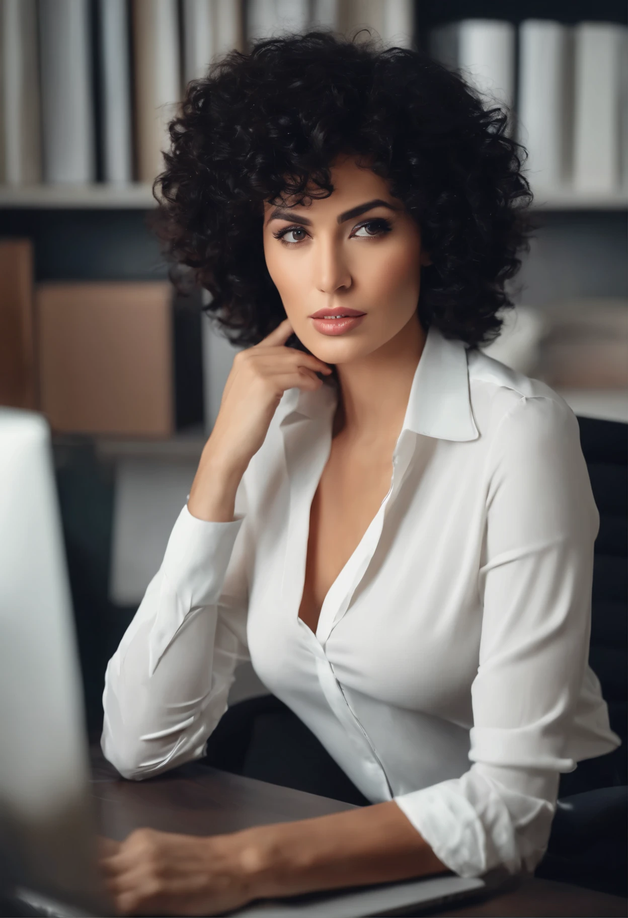 woman with short curly black hair, 30 years old, utrarealism, dressed in white long-sleeved shirt in office with computer