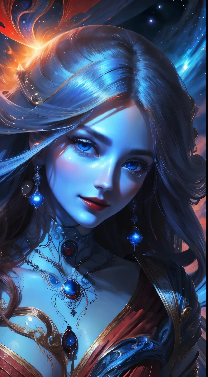 1girl, close up, beautiful model in red dress emerging from cosmic blue clouds, blue cosmic particles, sophisticated woman, mysterious goddess, hourglass figure, symmetrical, highly detailed face, long flowing hair, blue eyes, lush red lips, sultry smile, enticing, alluring, facing viewer, looking at viewer, real, high detail, best quality