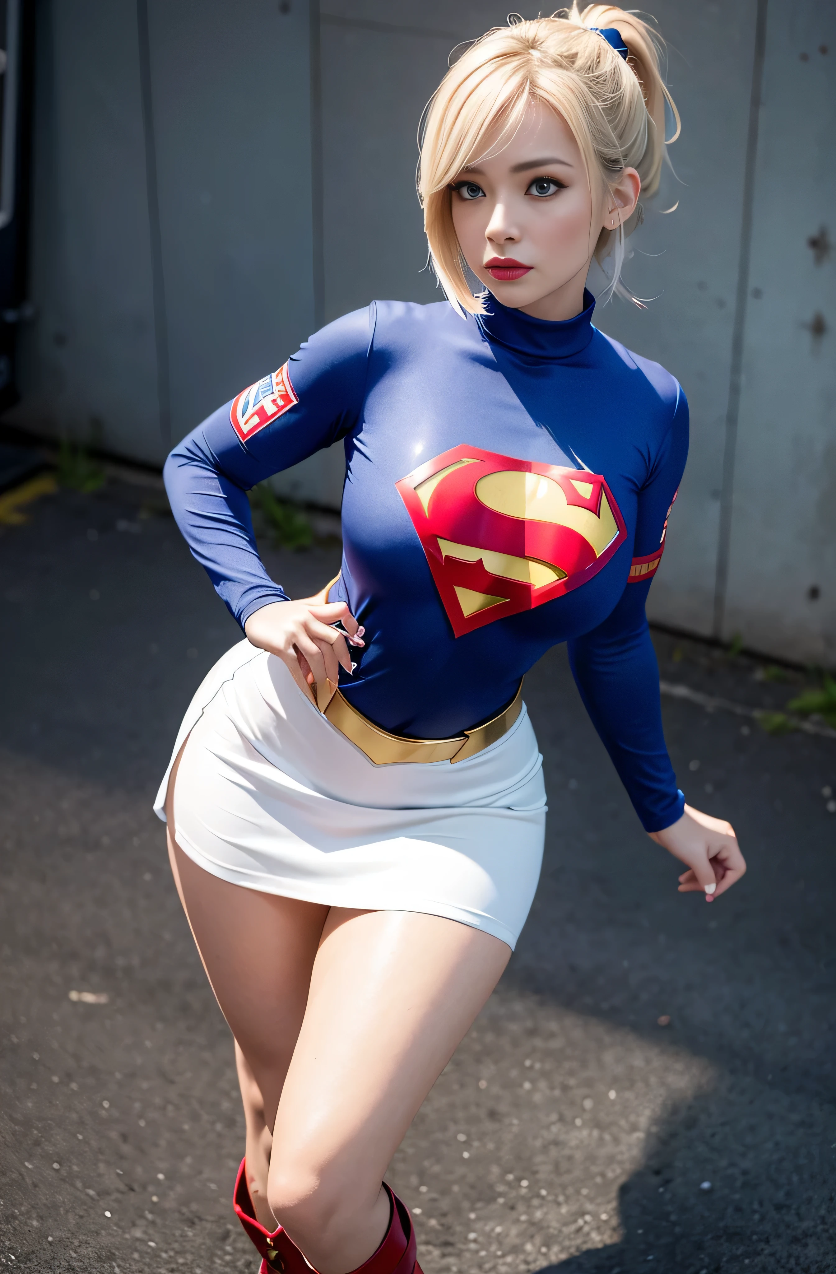 4k, realistic, charismatic, very detailed, there is a girl in the sky, dressed in a super girl costume, she is a super girl, superhero theme, blonde short hair, ponytail, 20 years, full body, (detail in the eyes), (detail in the face), incredibly beautiful, blue eyes, blush, makeup, ((red lipstick)), ((miniskirt)), (wide hips),  (thick thighs), small breasts, dress,, seductive pose, (extreme hourglass figure), thin, svelte, white skirt, boots, ((tight t-shirt))